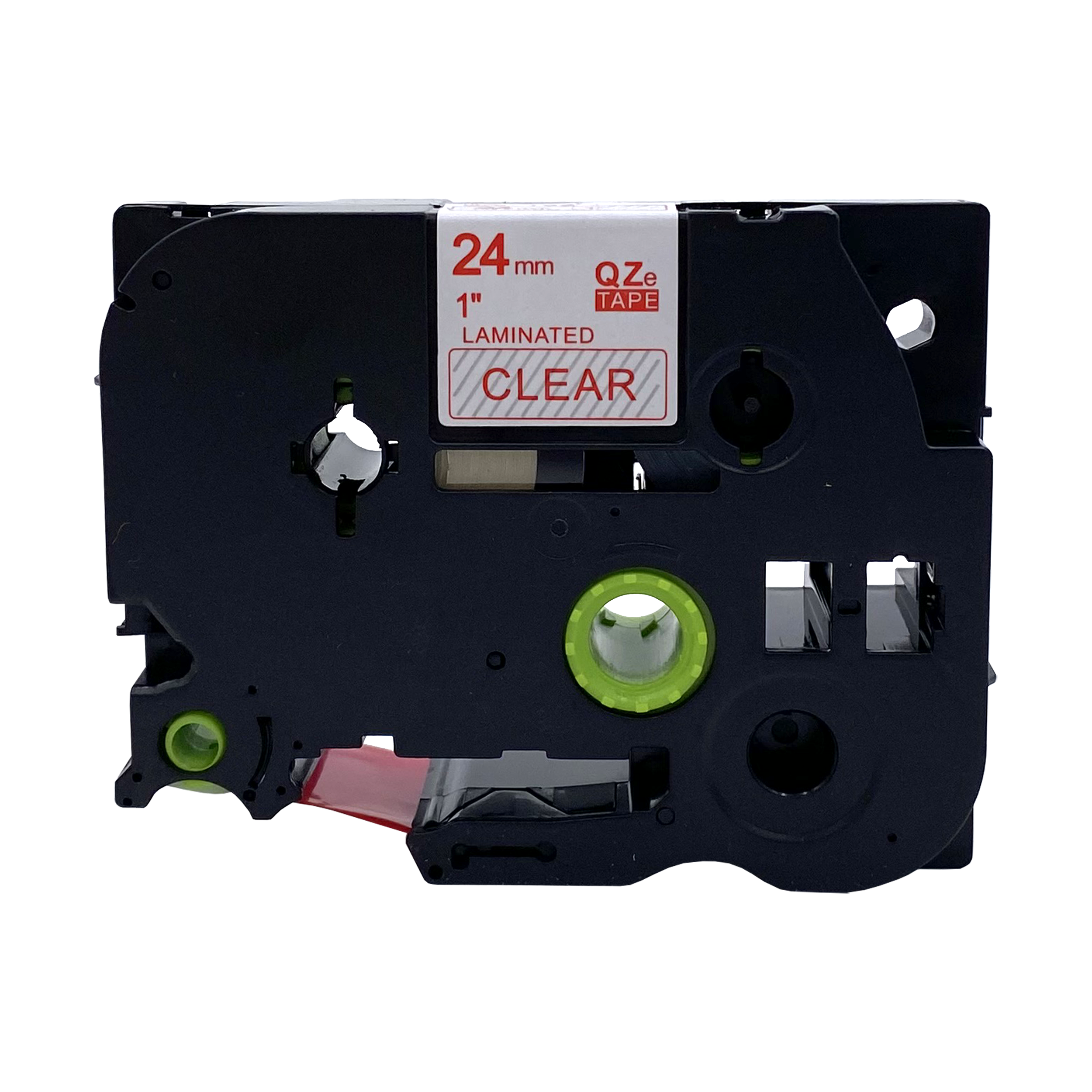 Black tape cassette with a clear label. Red text and white text, clear tape is visible. Green accents.