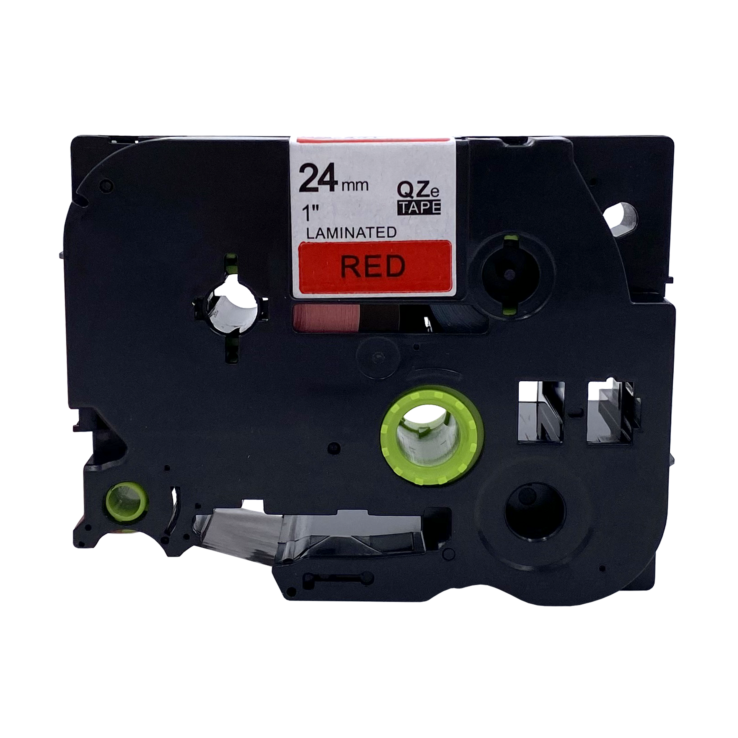 Zwarte en grijze labeltape cartridge met rood label. Tekst luidt 'RED' en '24mm'.