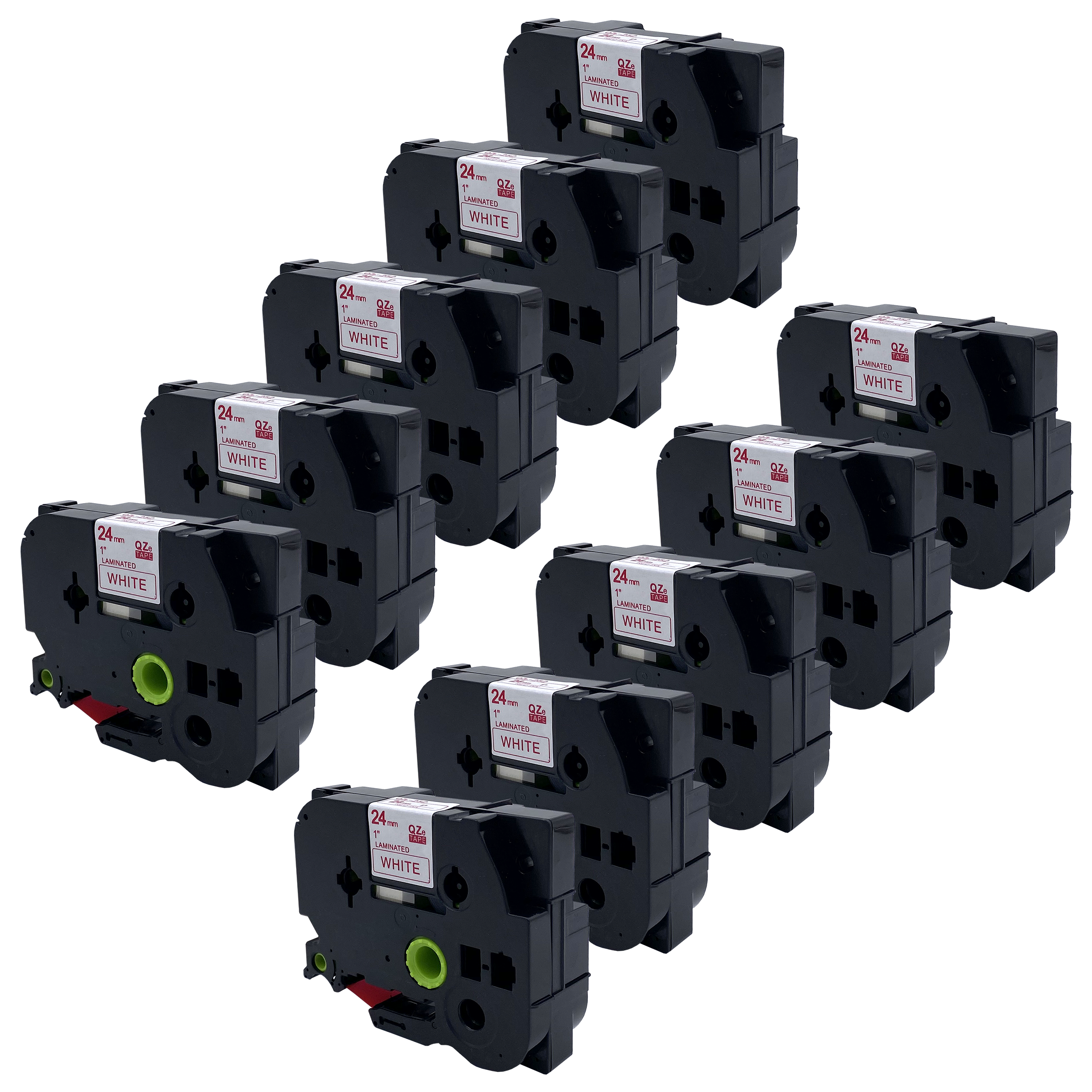 Tien zwarte labelprintercartridges met witte labels. Witte kleur op het label. Witte achtergrond.