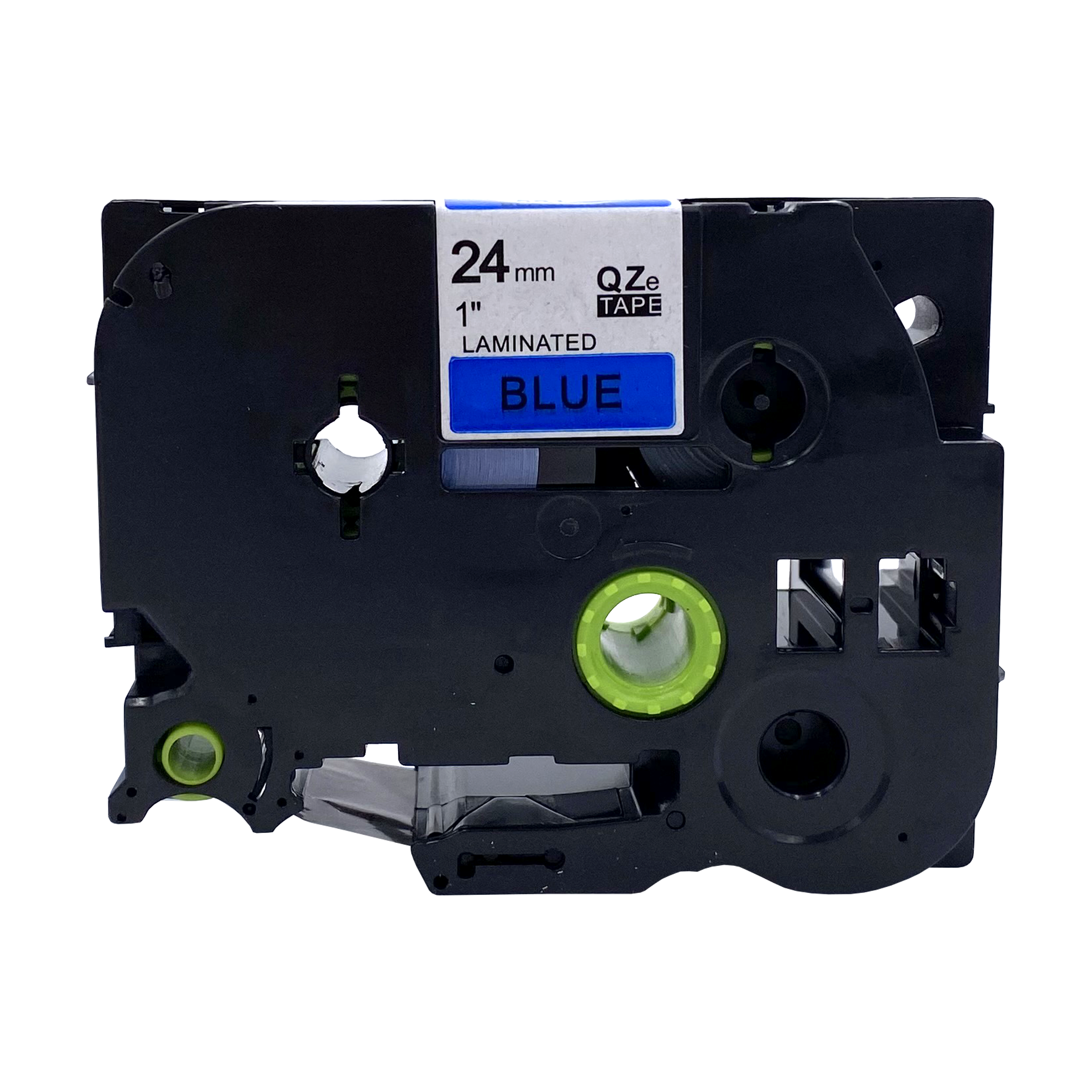 Zwarte etikettape, blauwe tekst op etiket, leest 'BLAUW'.
