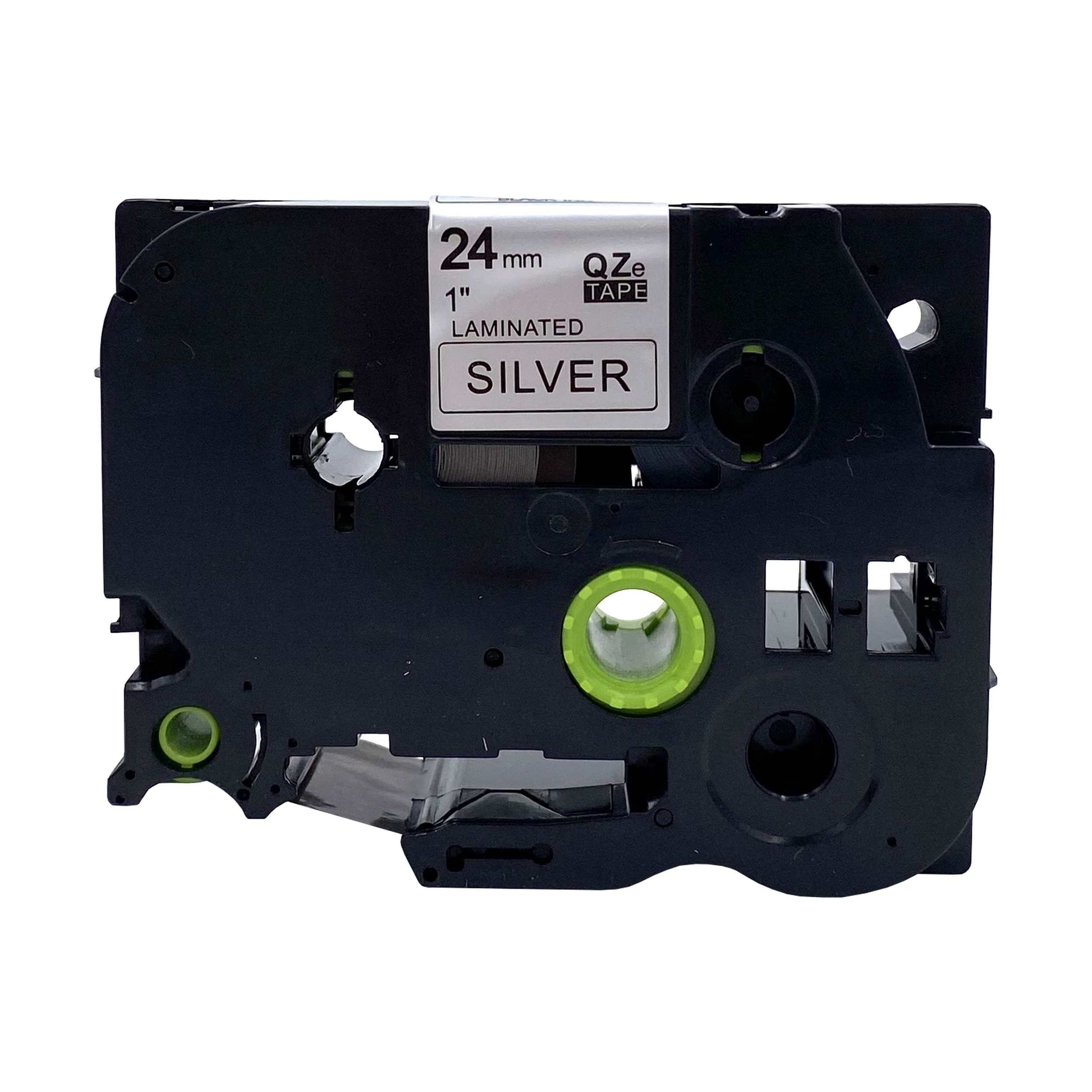 Een zwarte labeltape-cartridge met 24 mm, 1" zilveren label en zilveren tape binnenin.