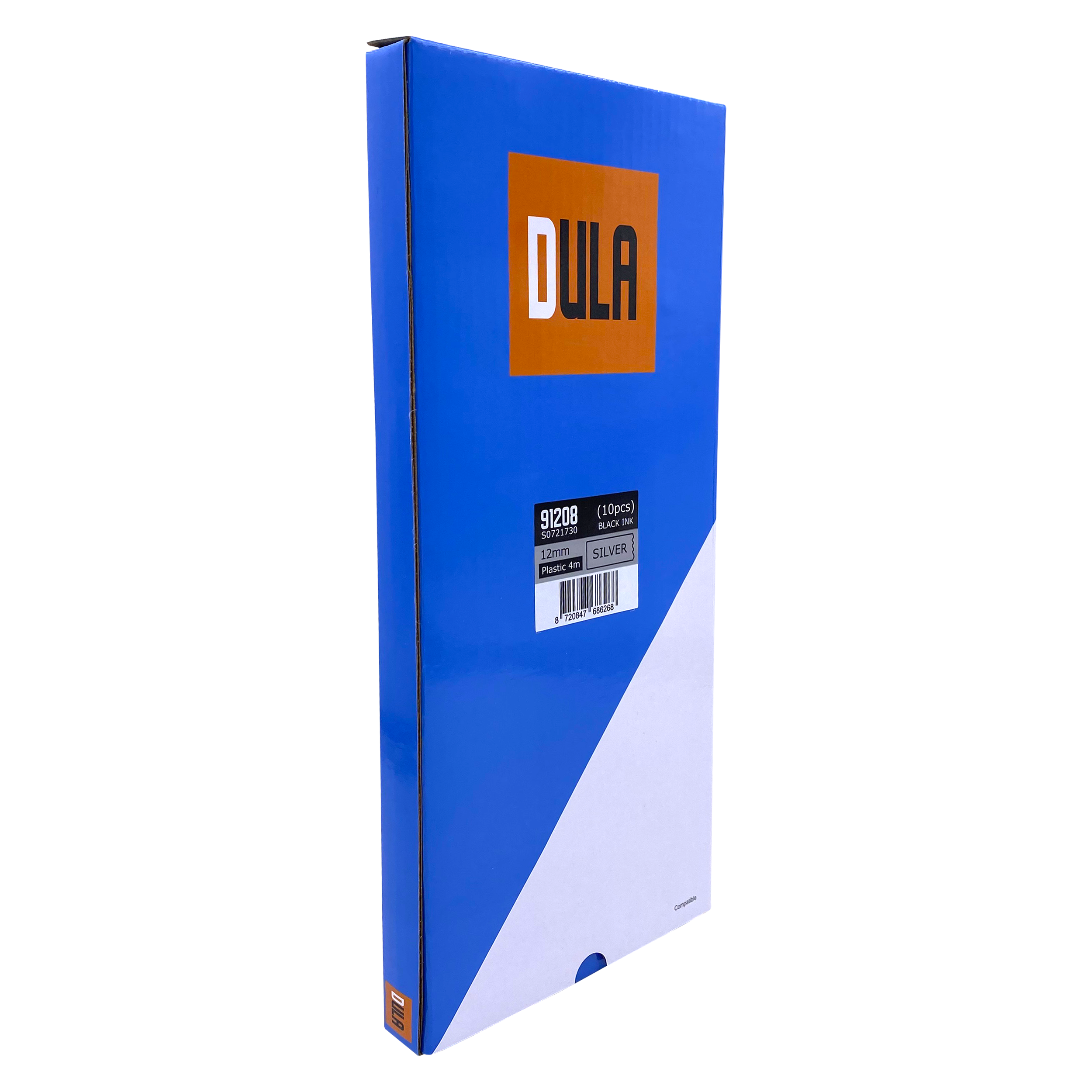 Blauwe doos, leest 'DULA'. Bevat labeltapes, bedrukt met zwarte en zilveren tekst.