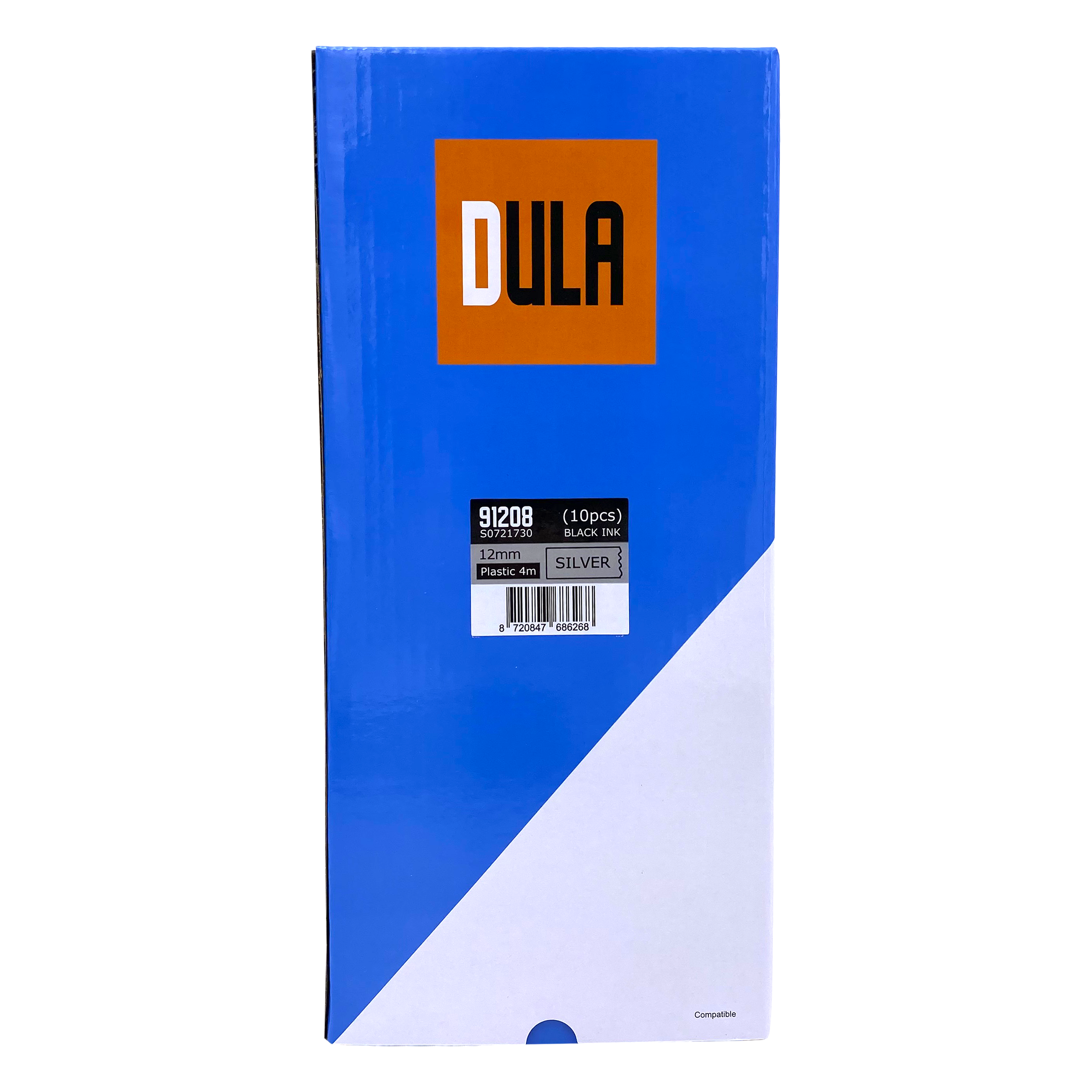 Blauwe doos met DULA-logo en zilveren inktetikettetape.