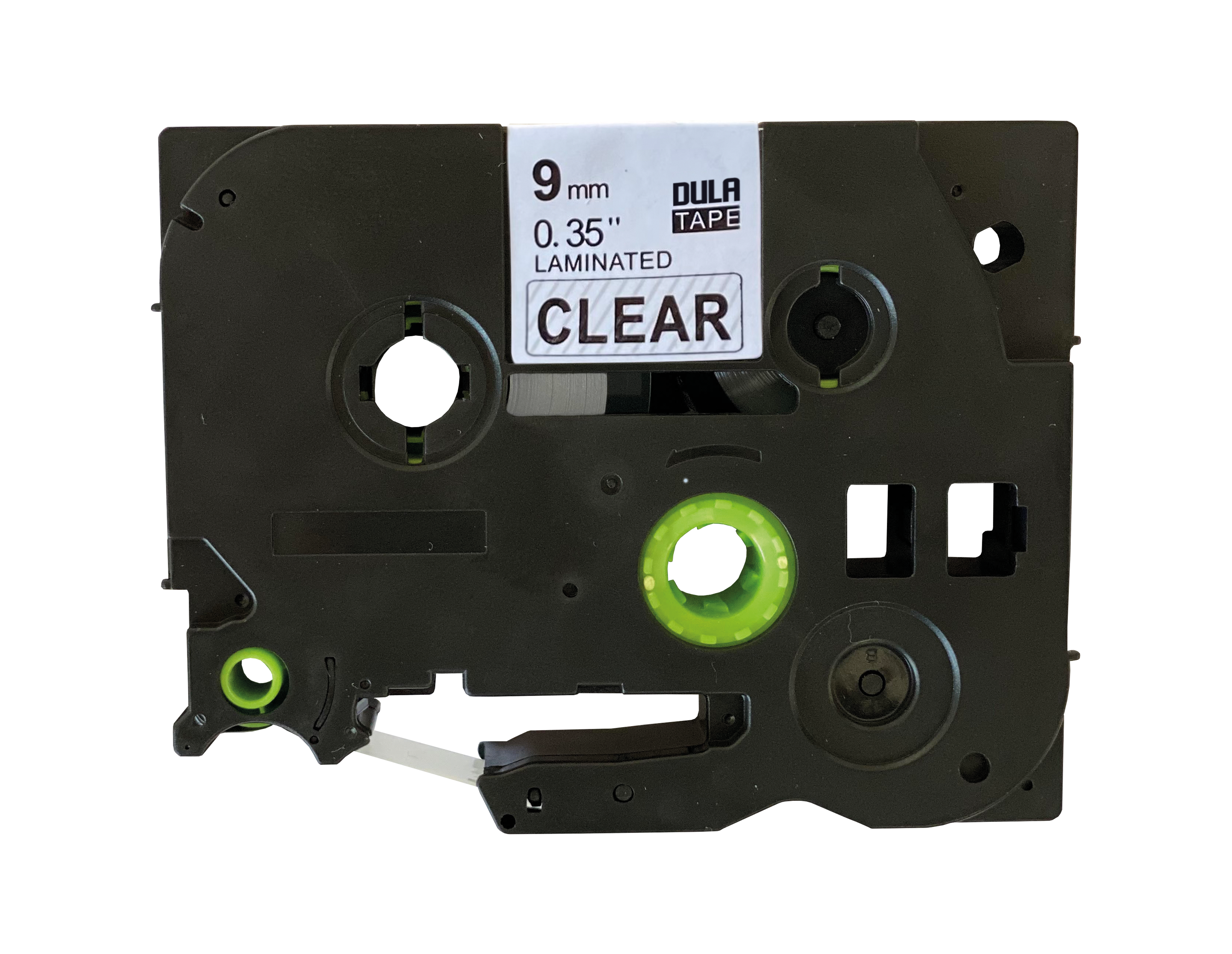 Zwarte tape cassette met transparante tape en label. Zwarte accenten en tekst. Groene accenten zijn zichtbaar.