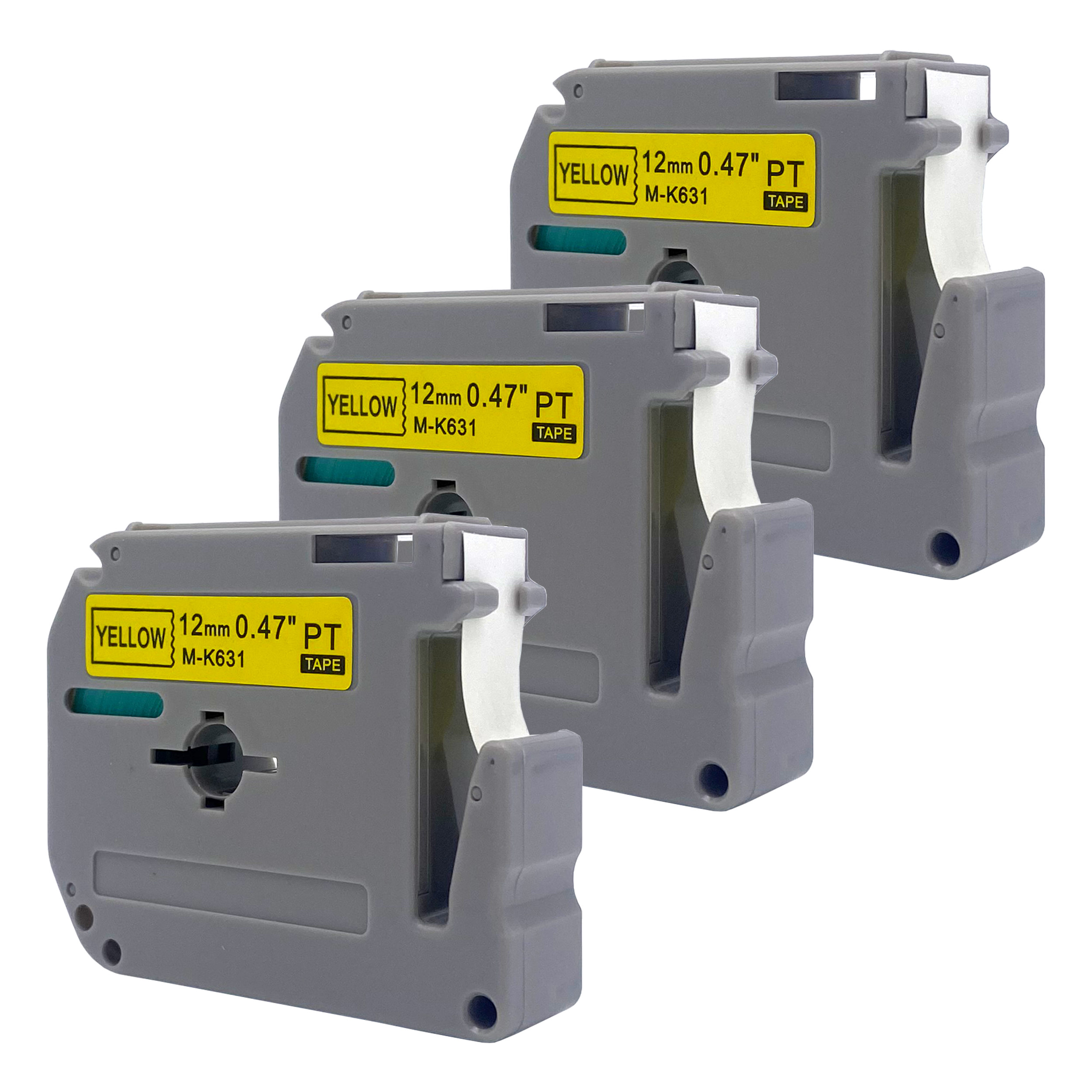 Drie grijze labelcassettes met gele labels waarop staat 12mm 0,47" PT M-K631 TAPE.