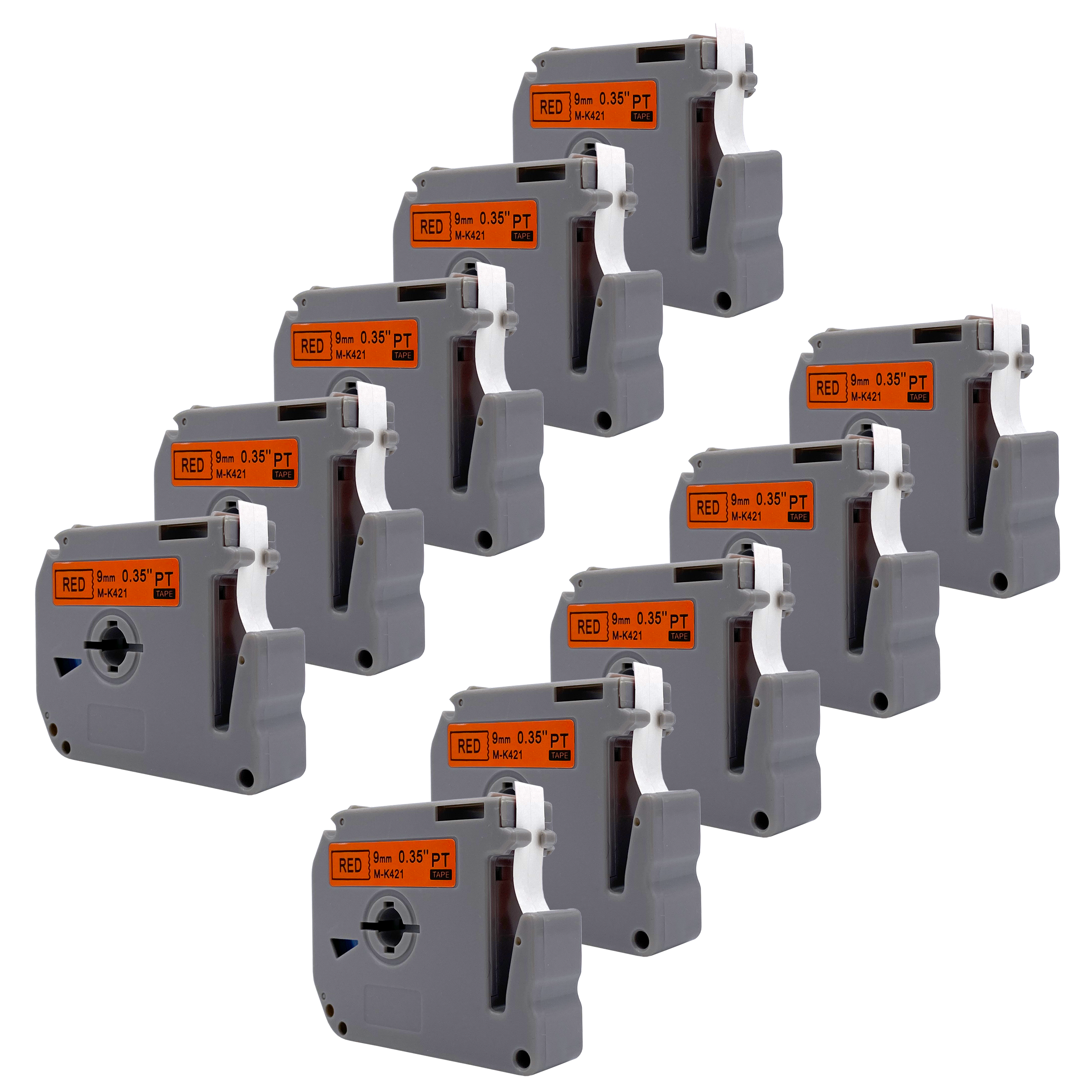 Negen rode etikettentape cassettes. 9 mm breed, 0,35 inch. PT tape.