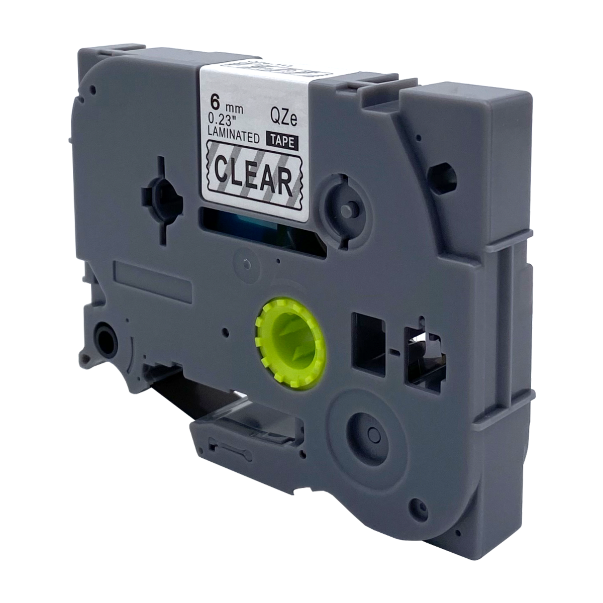 Grijze labelmaker tape cartridge. Er staat CLEAR en 6 mm breed.