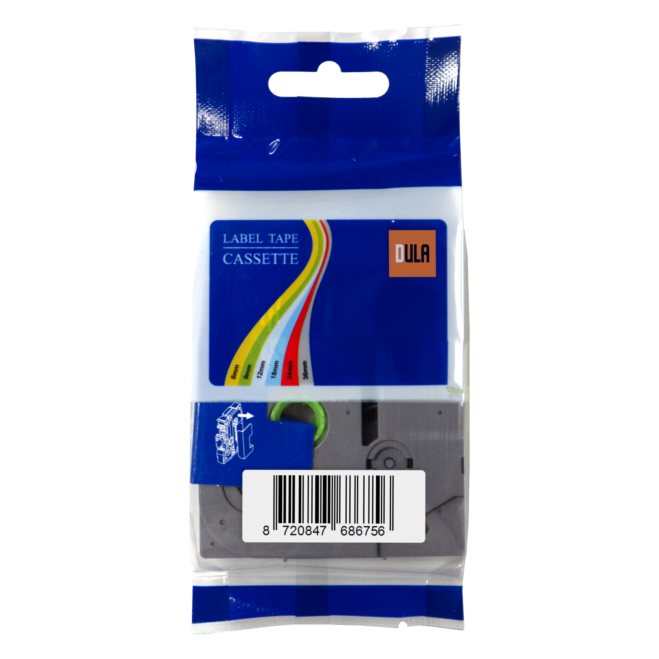 Tape cassette in een blauw-witte verpakking. Een label op de voorkant heeft een golf van kleuren.
