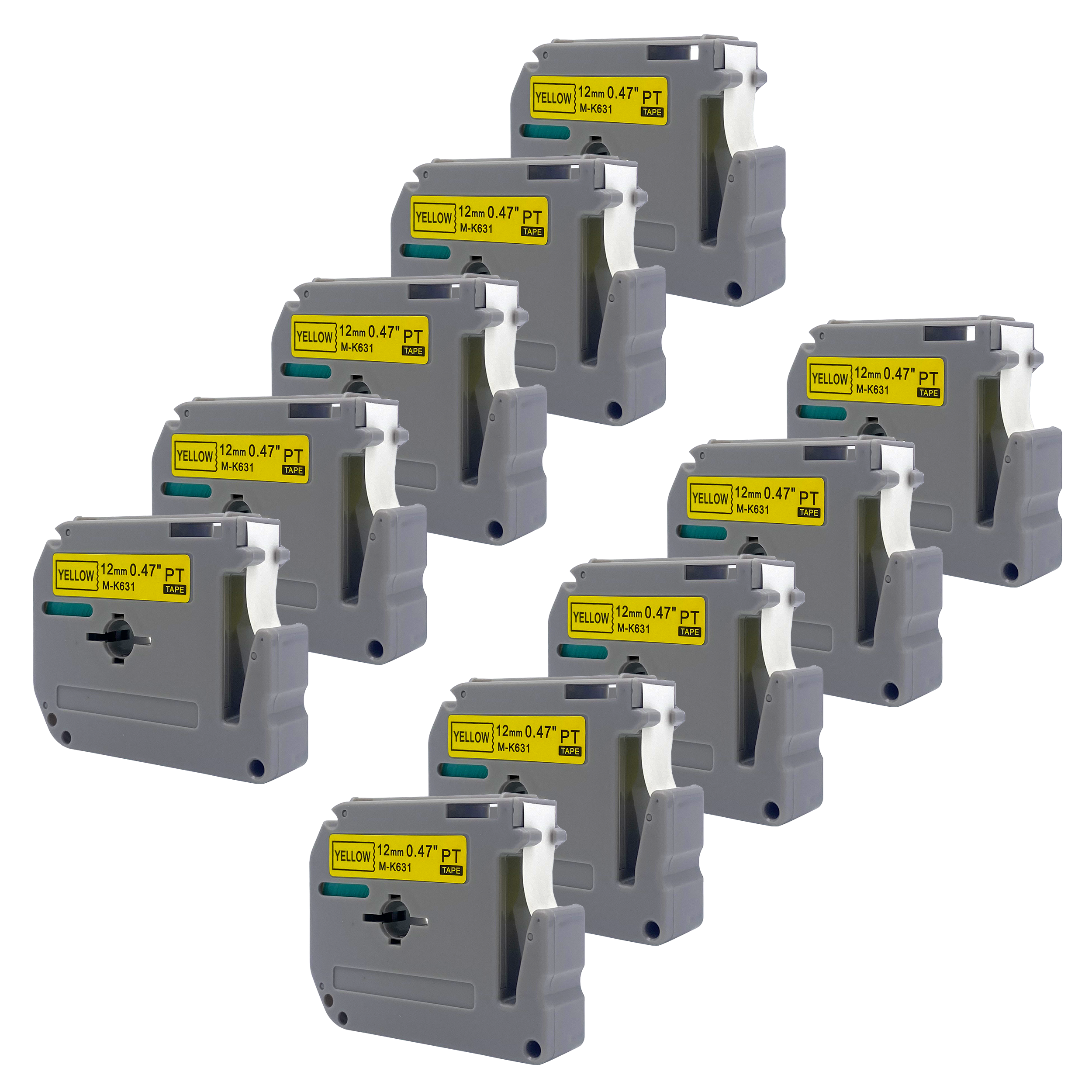 Tien grijze labeltapes met gele labels op een witte achtergrond.