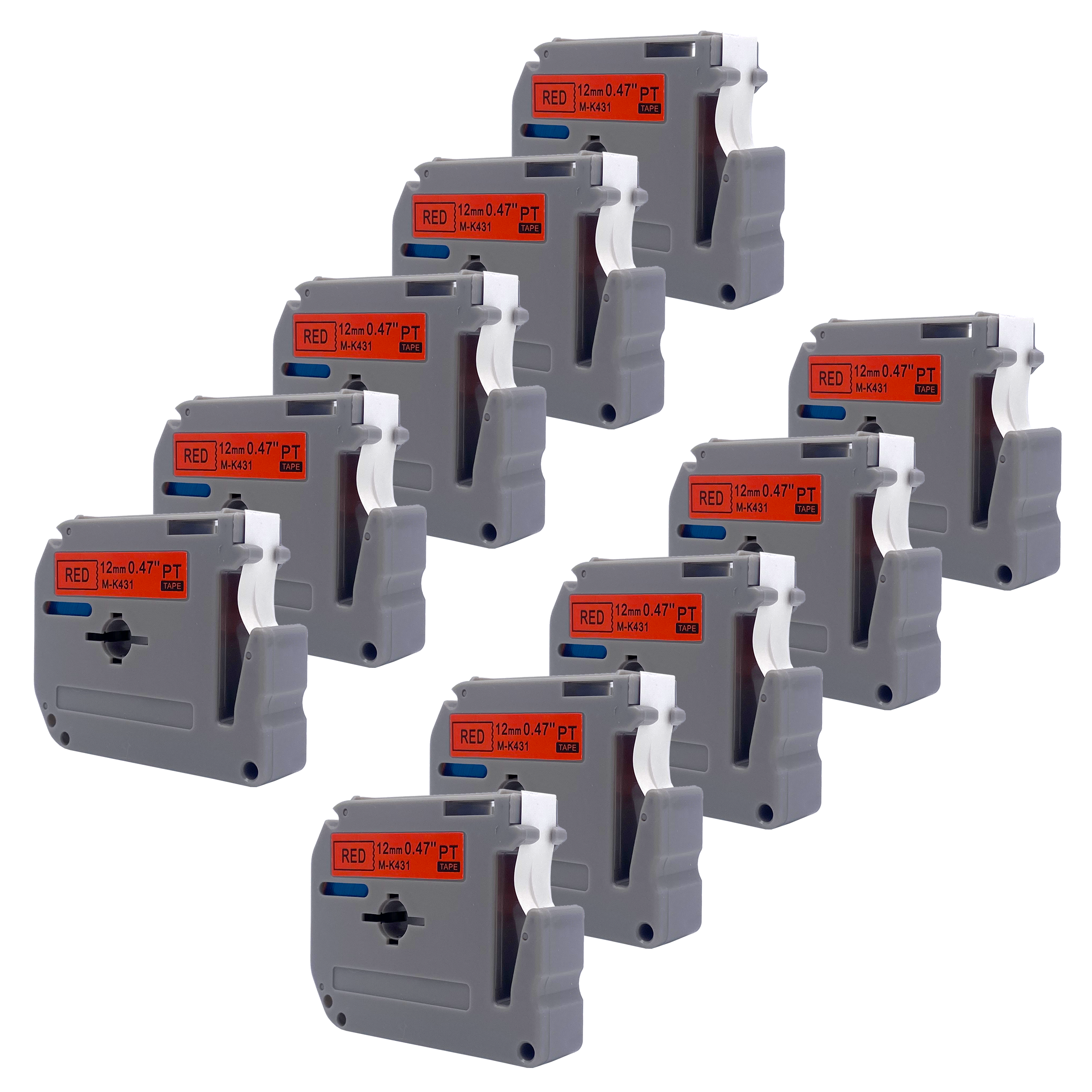 Tien grijze labelmakers met rode labels. De labels zeggen 'RED' en '12mm 0.47' PT TAPE'.