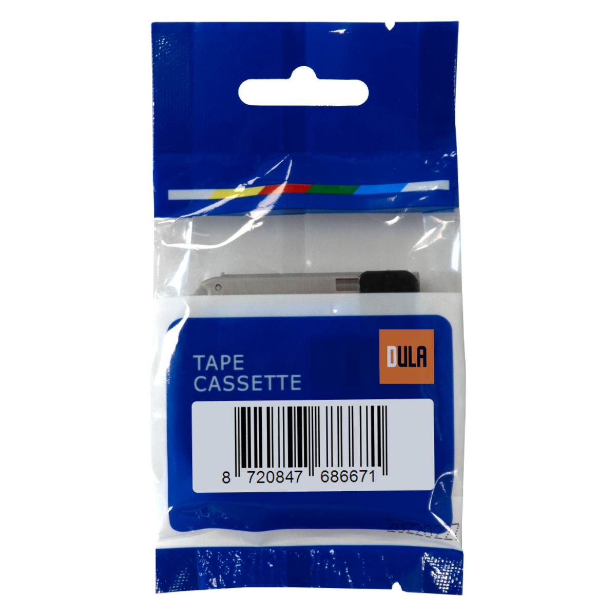 Een DULA tape cassette in een doorzichtige plastic zak met blauwe verpakking.