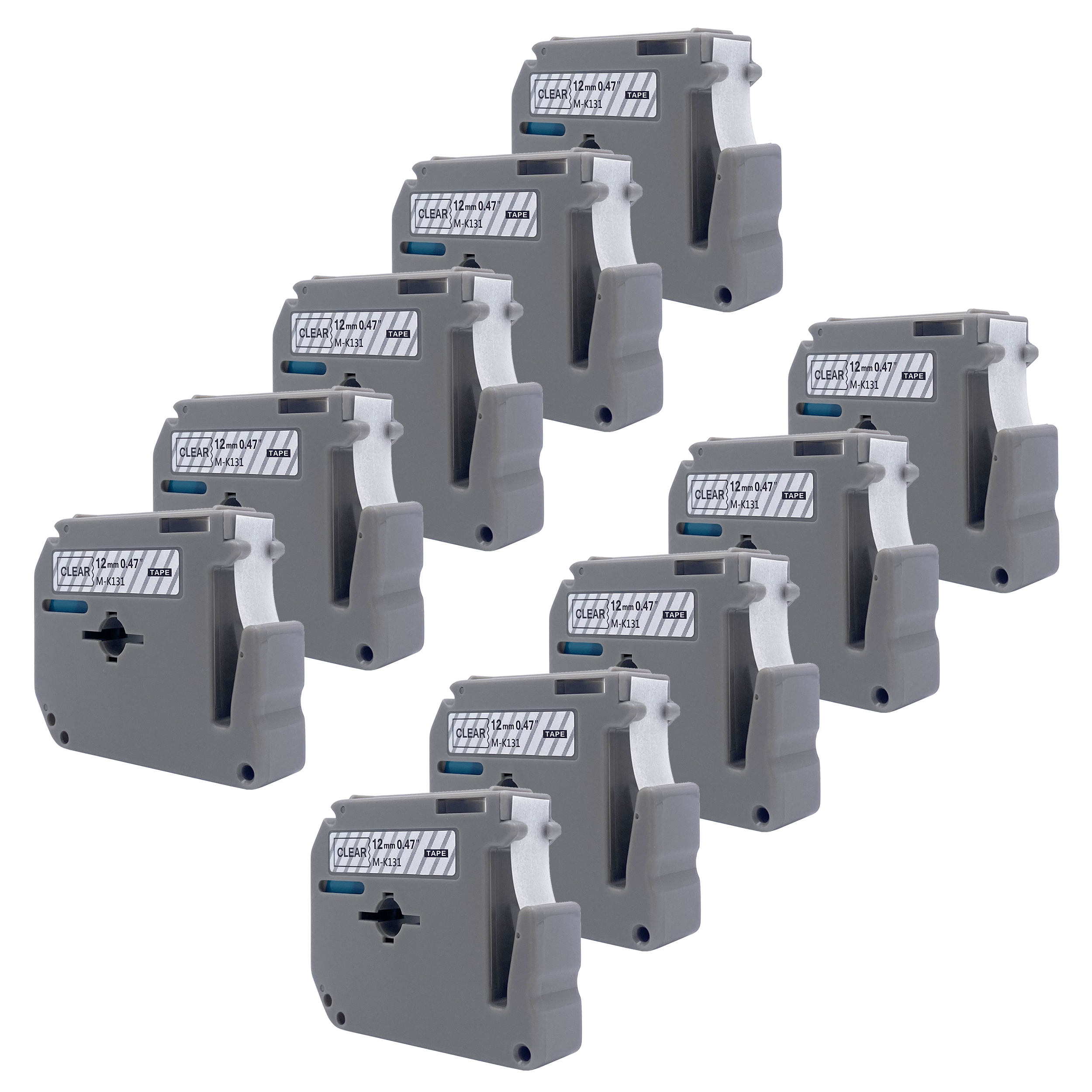 Tien grijze labelprintercartridges. De labels hebben witte tekst. Witte achtergrond.