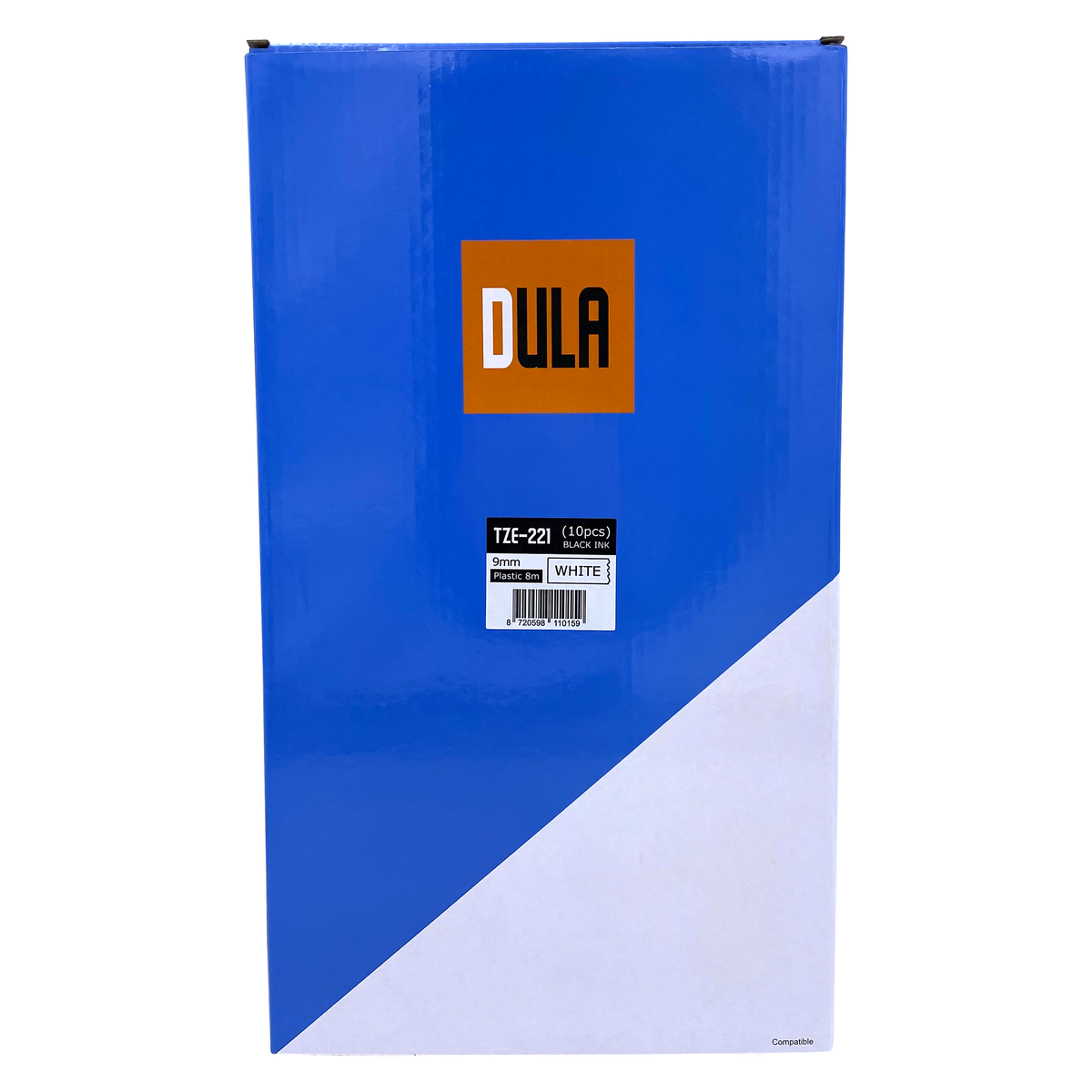 Blauwe en witte doos met papieren navullingen. Witte achtergrond. Het DULA-logo en tekst zijn zichtbaar.
