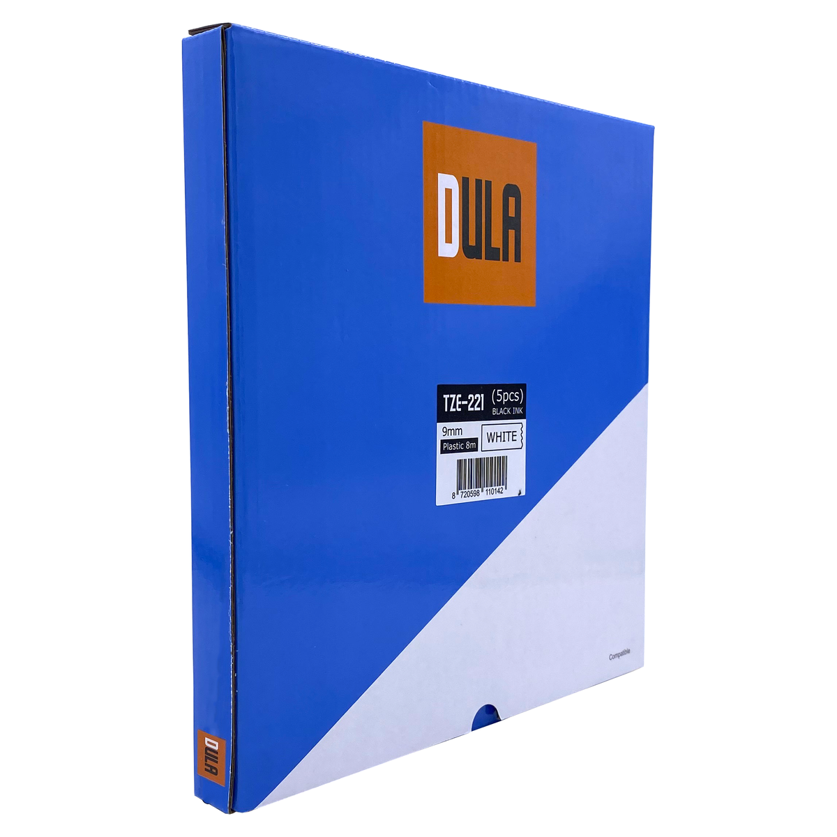 Blauwe en witte doos met het woord 'DULA' op de voorkant. Het heeft productinformatie.