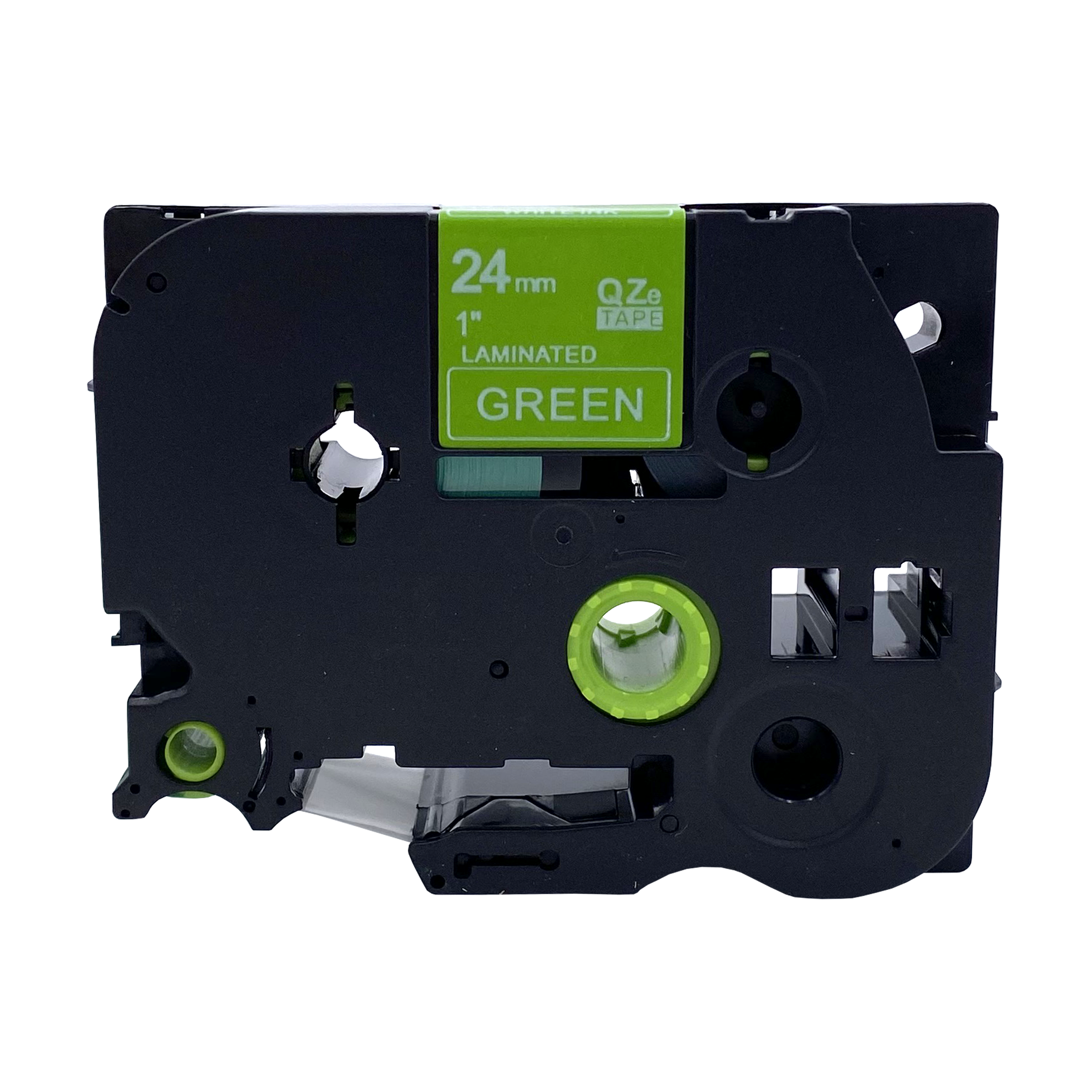 Zwarte labeltape cartridge met groene tekst, met 'GROEN'. Groene en zwarte details op de cartridge.