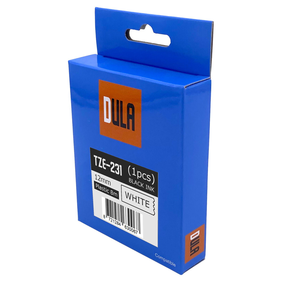 Blauwe doos met een label met 'WHITE' en 'BLACK INK'. De doos is gelabeld met 'DULA'.