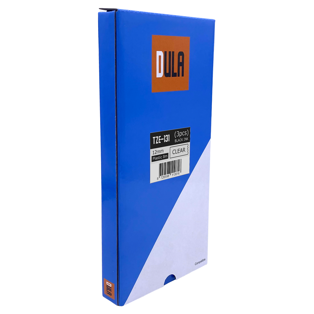 Een blauwe doos met tekst, een labelmaker cartridge verpakking.
