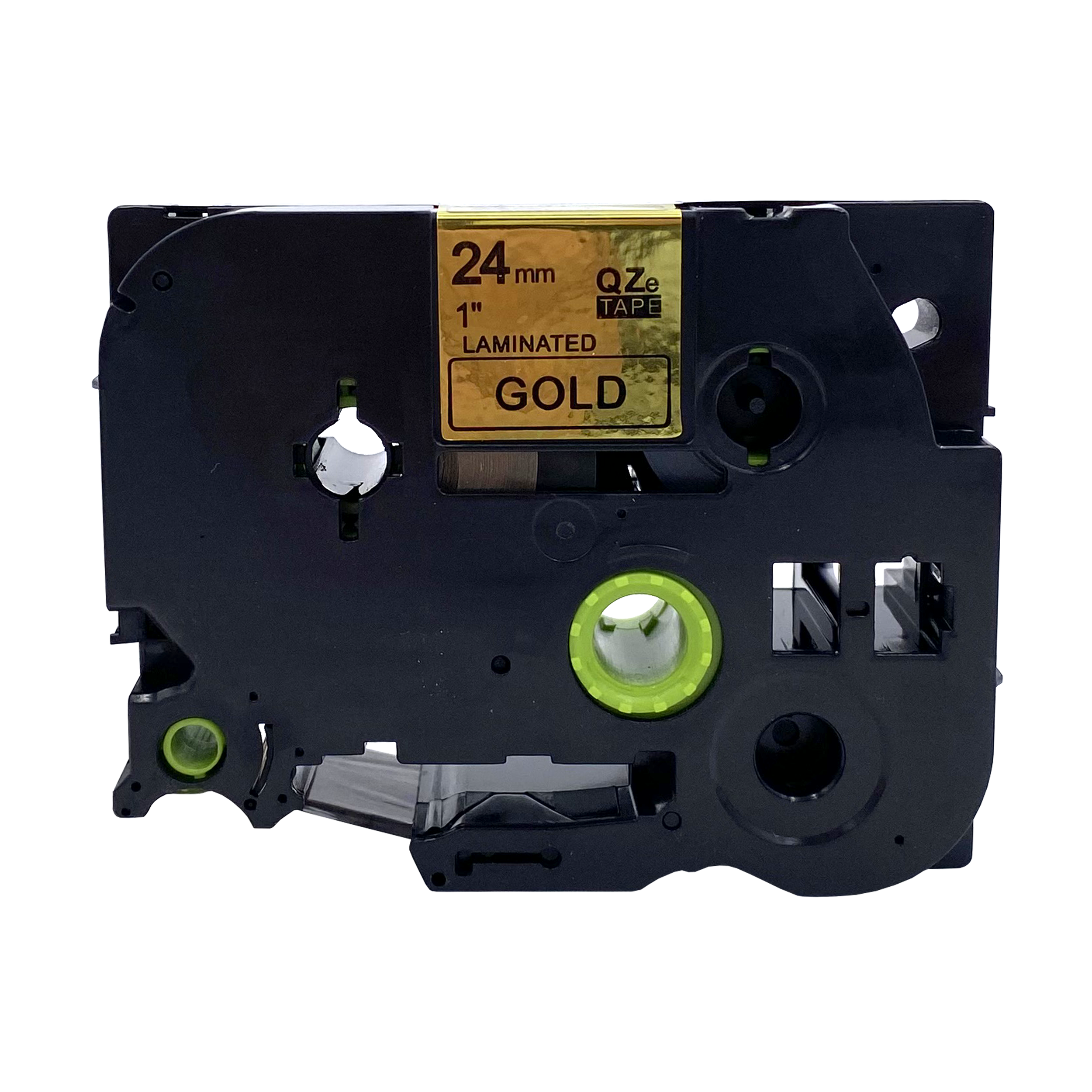 Zwarte labelmaker tape cartridge. Er staat GOLD en 24 mm breed.