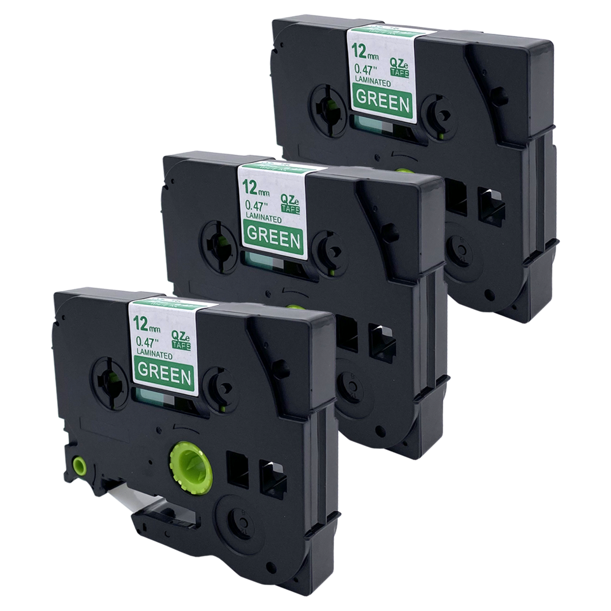 Drie zwarte labelmaker cartridges met groene tekst op doorzichtige labels.