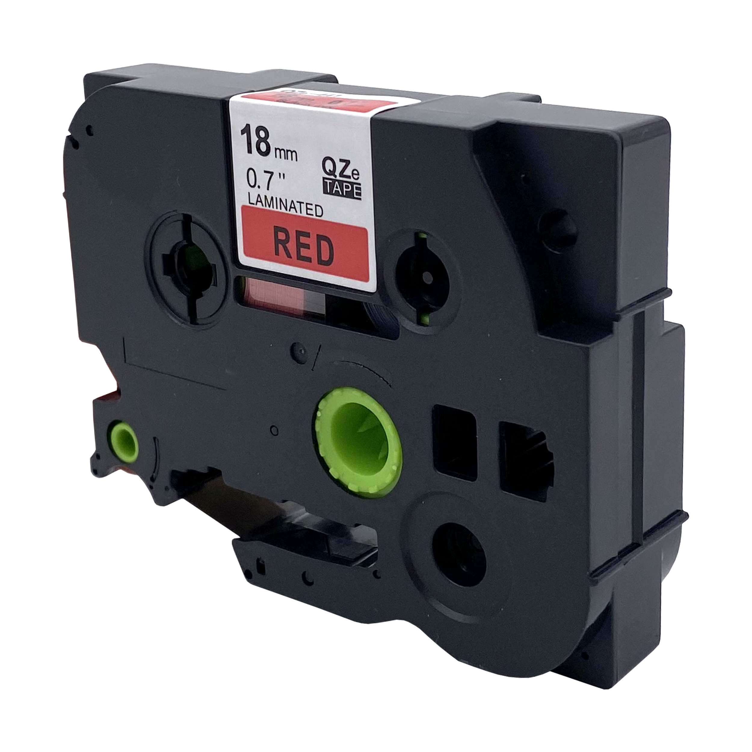 Een zwarte labeltape-cartridge met 18 mm, 0,7" rood label en rode tape binnenin.