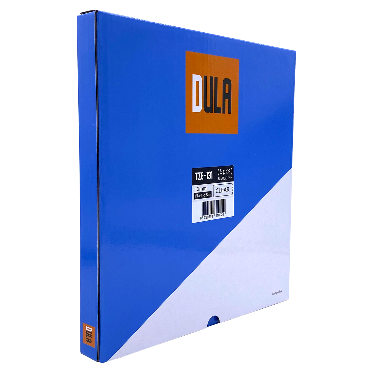 Blauwe doos met oranje logo DULA, TZE-131 label, transparante tape en barcodes.
