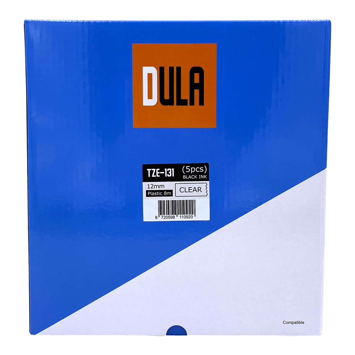 Een blauwe doos met 'DULA' en productinfo: zwarte inktnavullingen. Doorzichtig label op de doos.