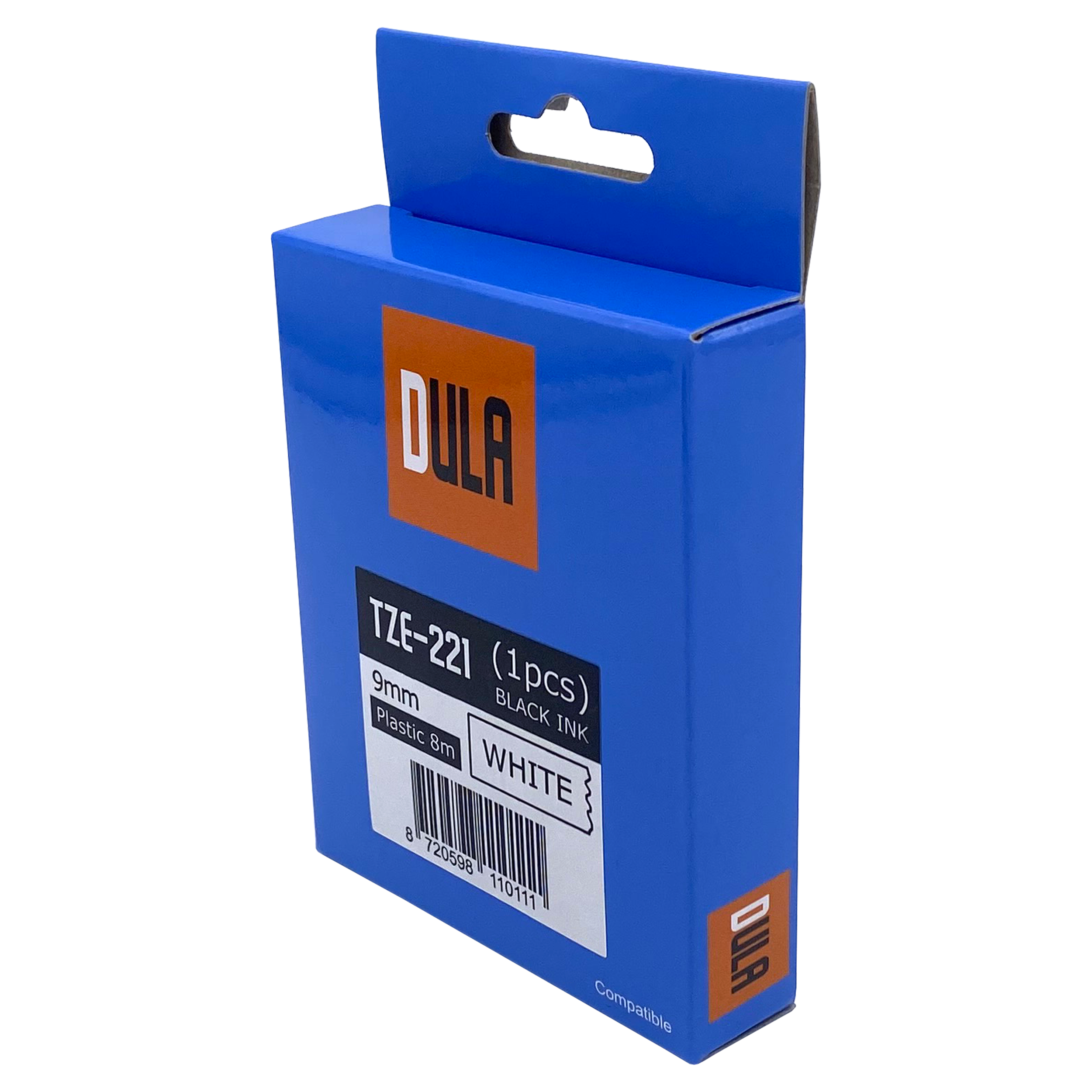 Een blauwe doos met een label met daarop TZE-221 (1 stuks) ZWARTE INKT, en het DULA-logo.