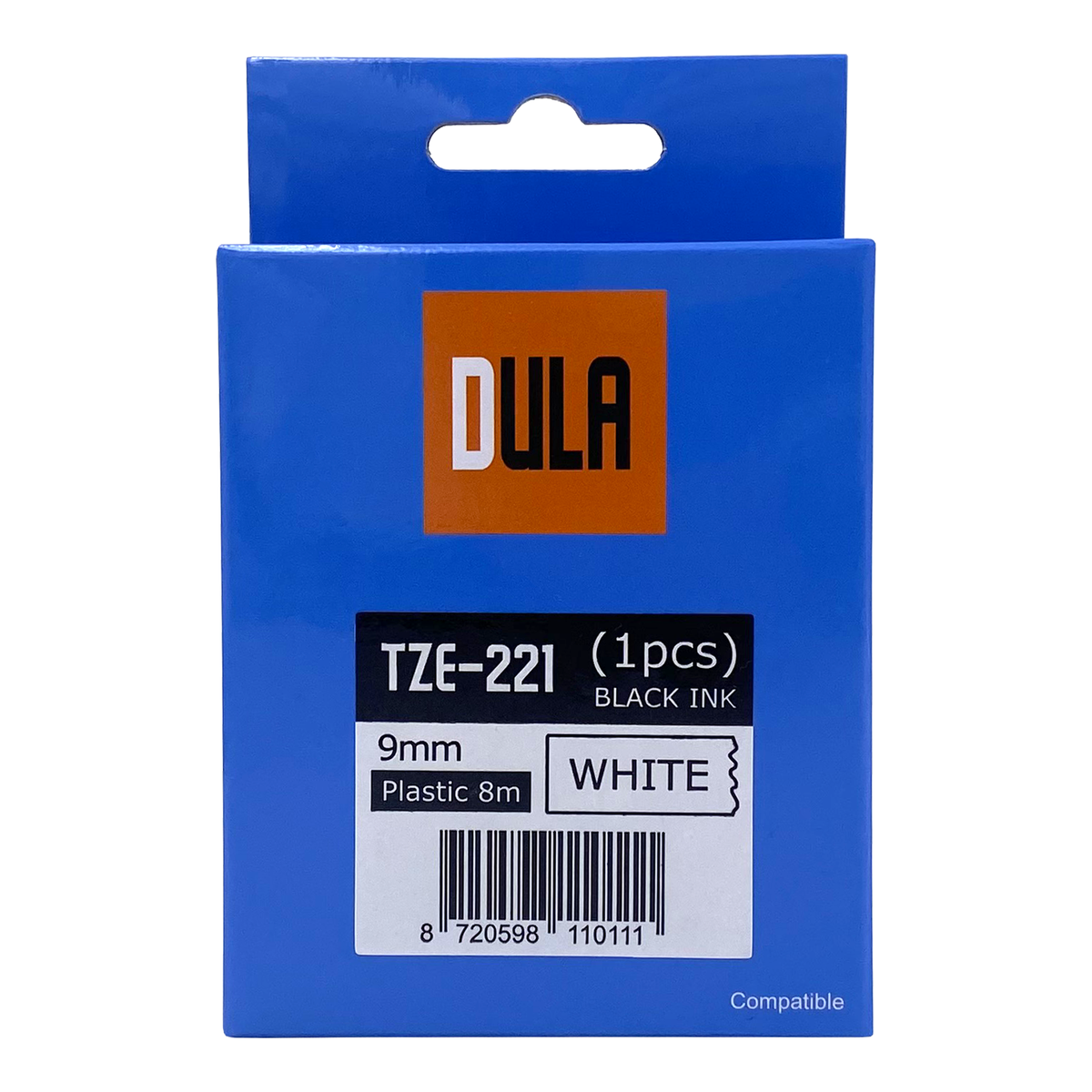 Blauwe doos met DULA-logo, zwarte inkt en witte etikettetape.