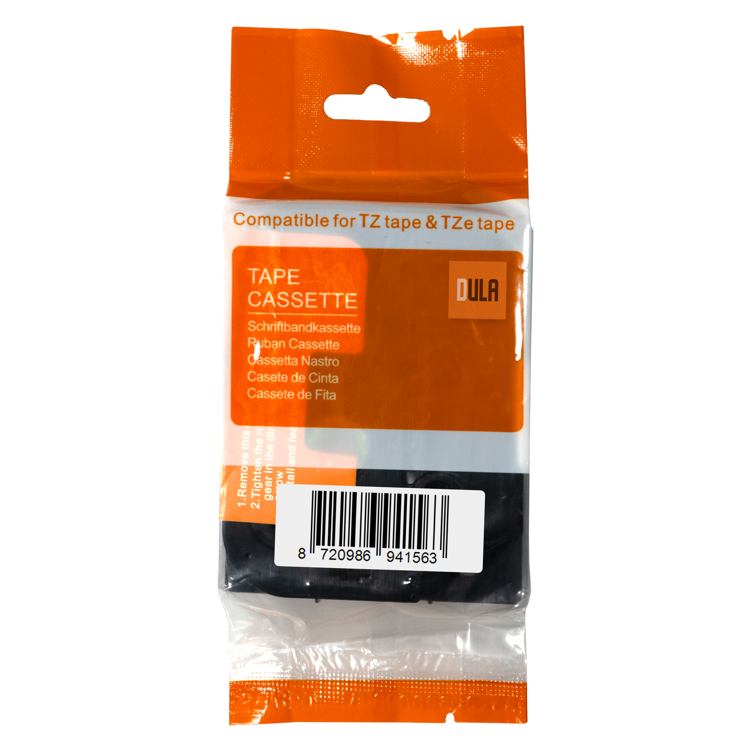 Oranje verpakking, met label voor tape cassette. Leest 'TAPE CASSETTE' en 'DULA'.
