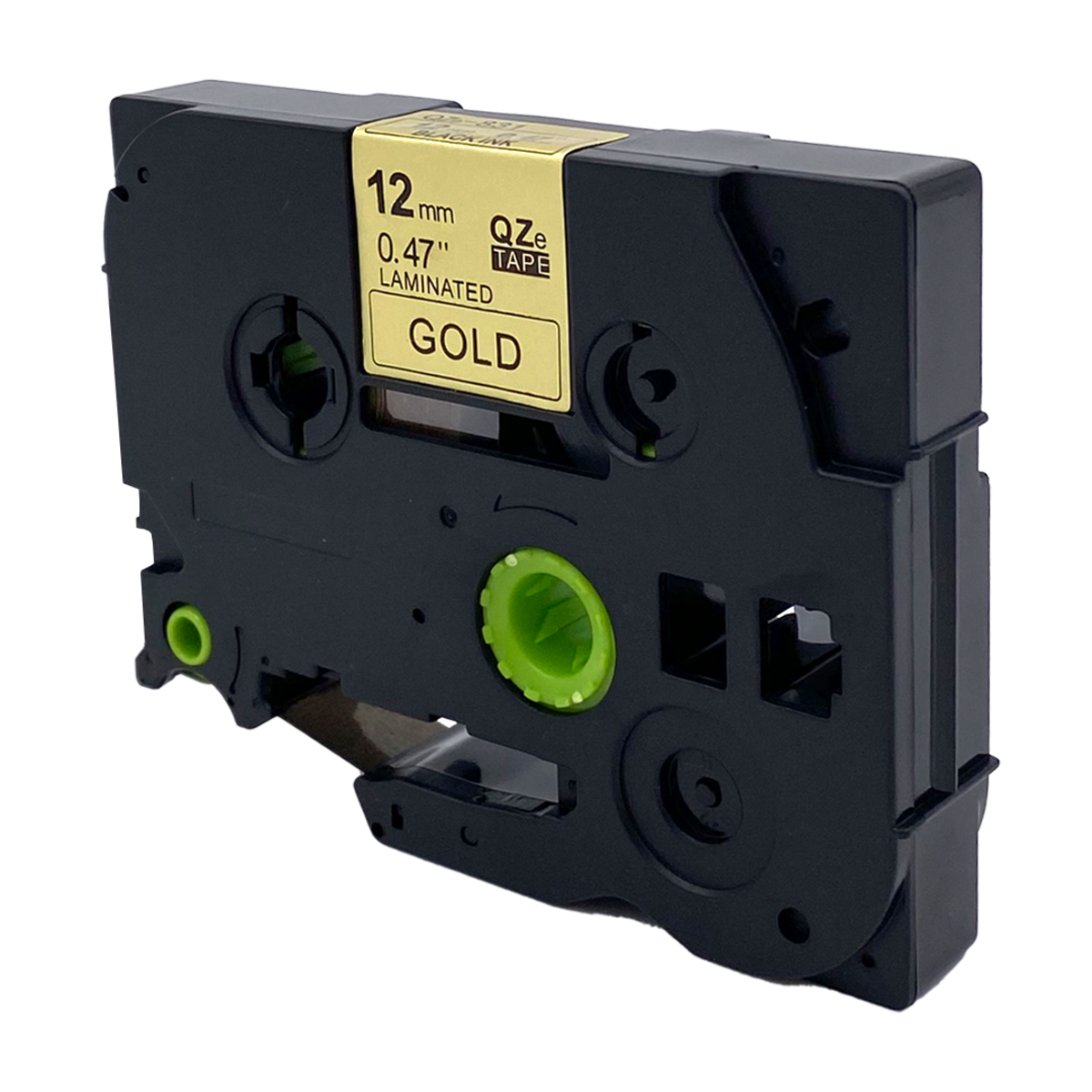 Zwarte tape cartridge met gouden tekst. Label leest 'GOUD'. Groene en zwarte accenten.
