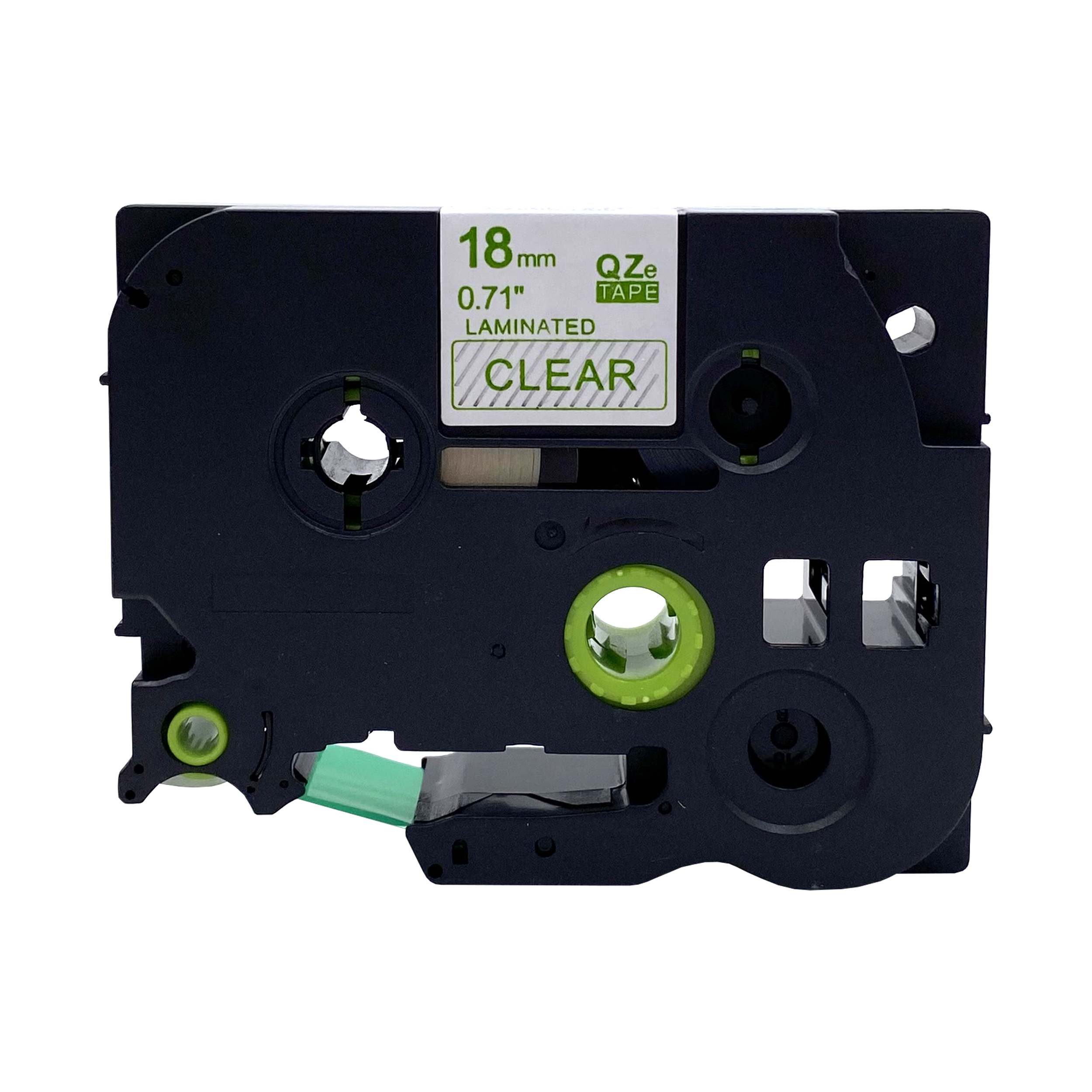 Een zwarte labelmaker cartridge met doorzichtig label en groene accenten.