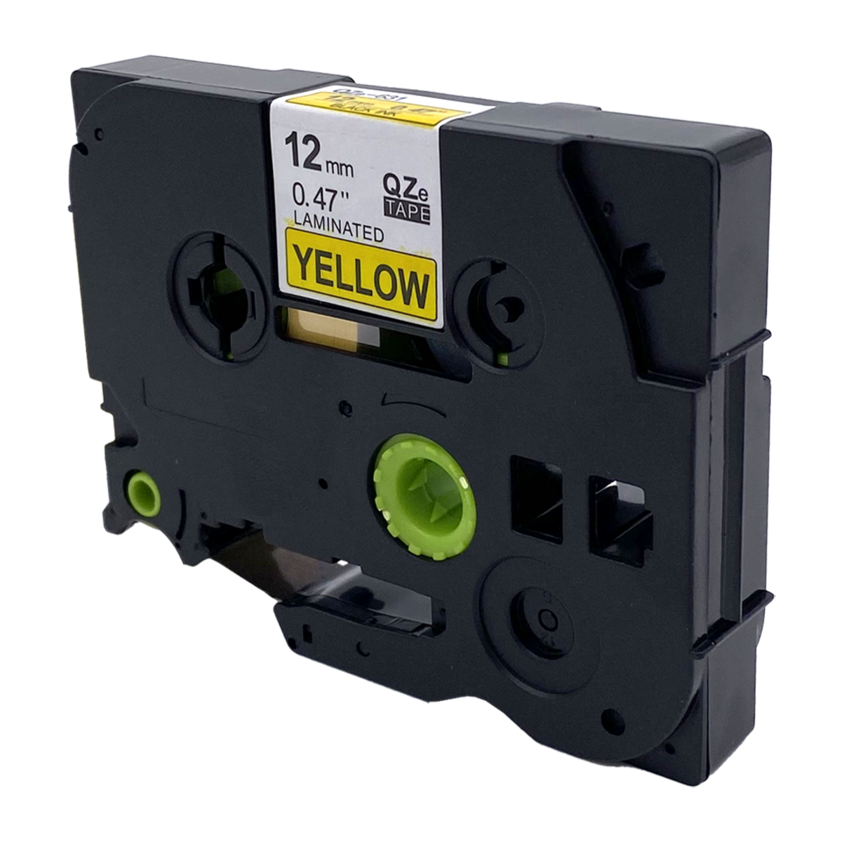 Zwarte tapecassette met geel etiket, 12 mm, 0,47 inch, gelamineerd.