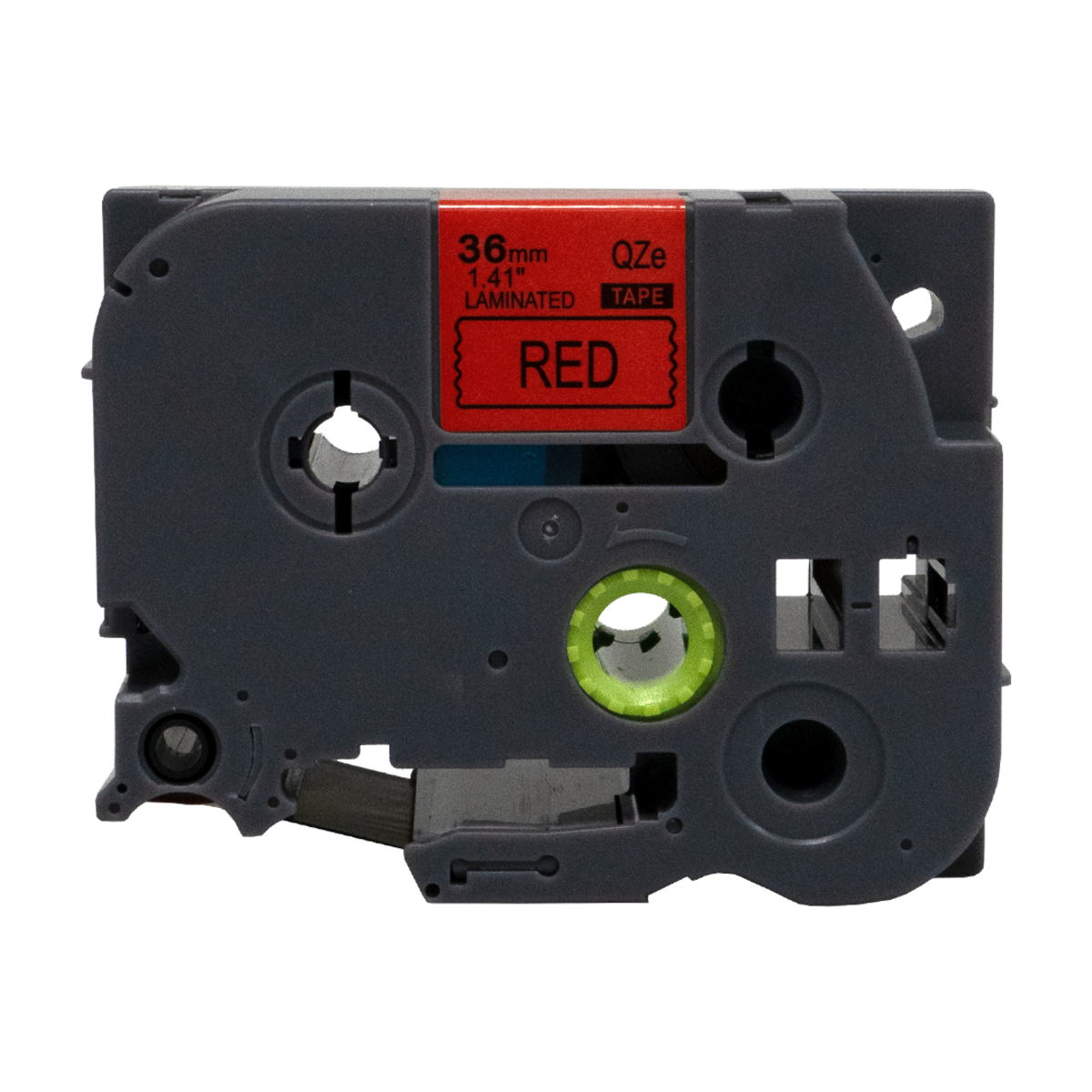 Grey label maker tape with red label. Red text on the label.