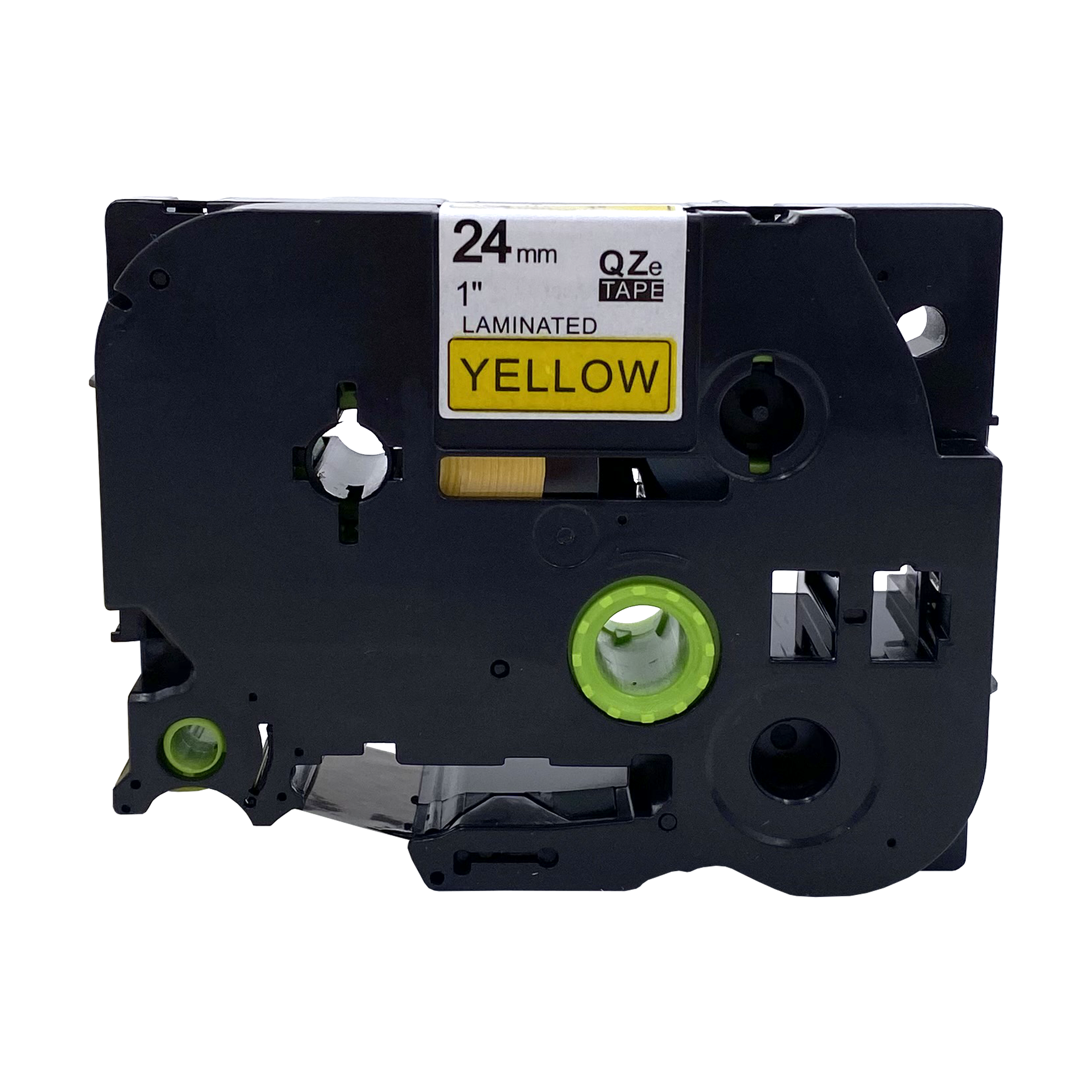 Zwarte tape cassette, 24mm breed, gelamineerde gele tape.
