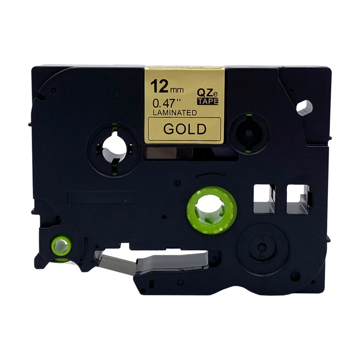 Zwarte labelmaker met gouden label. Het label zegt '12mm 0.47 LAMINATED GOLD'.