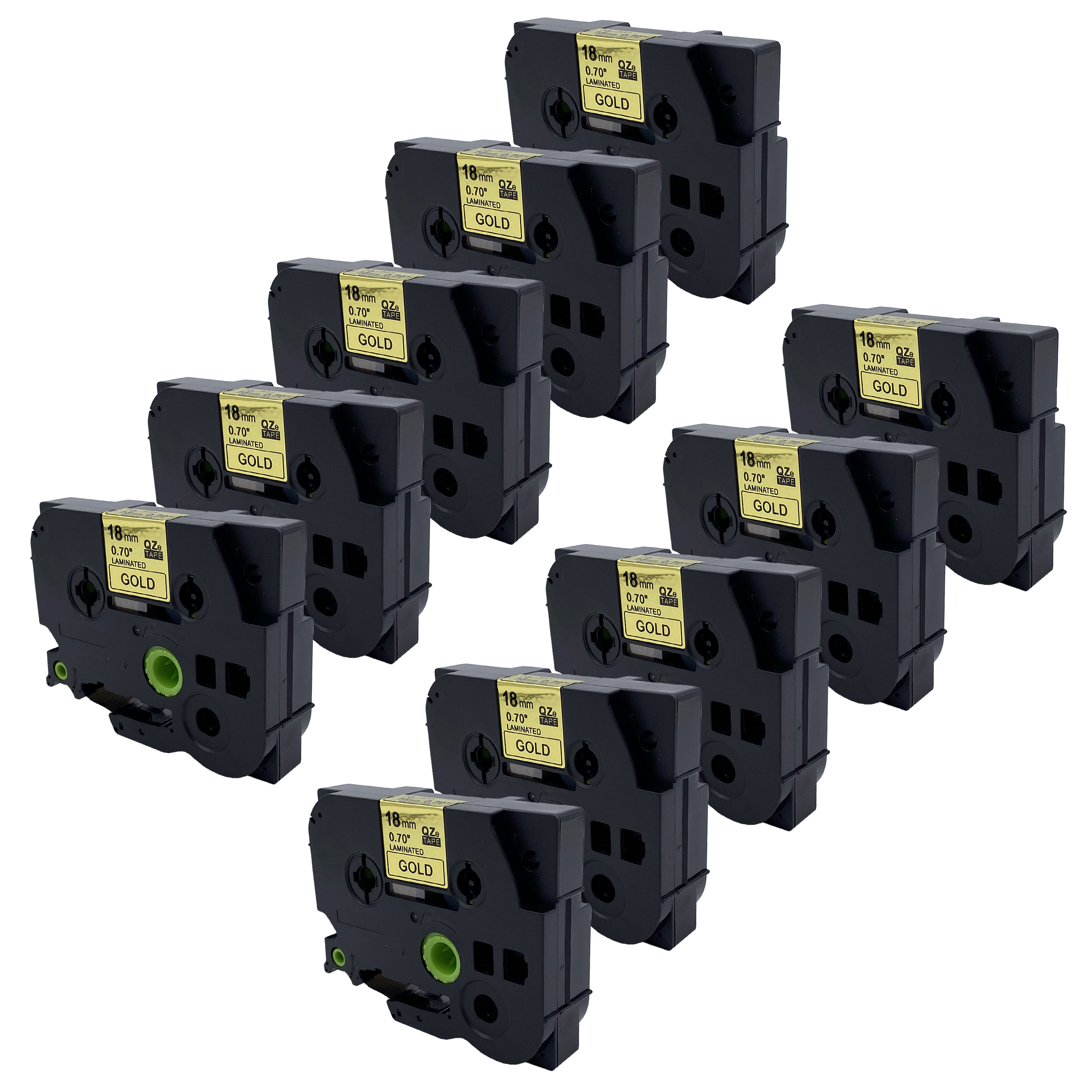 Een dozijn labelmaker tape cartridges. Ze zijn zwart, goud en 18mm.
