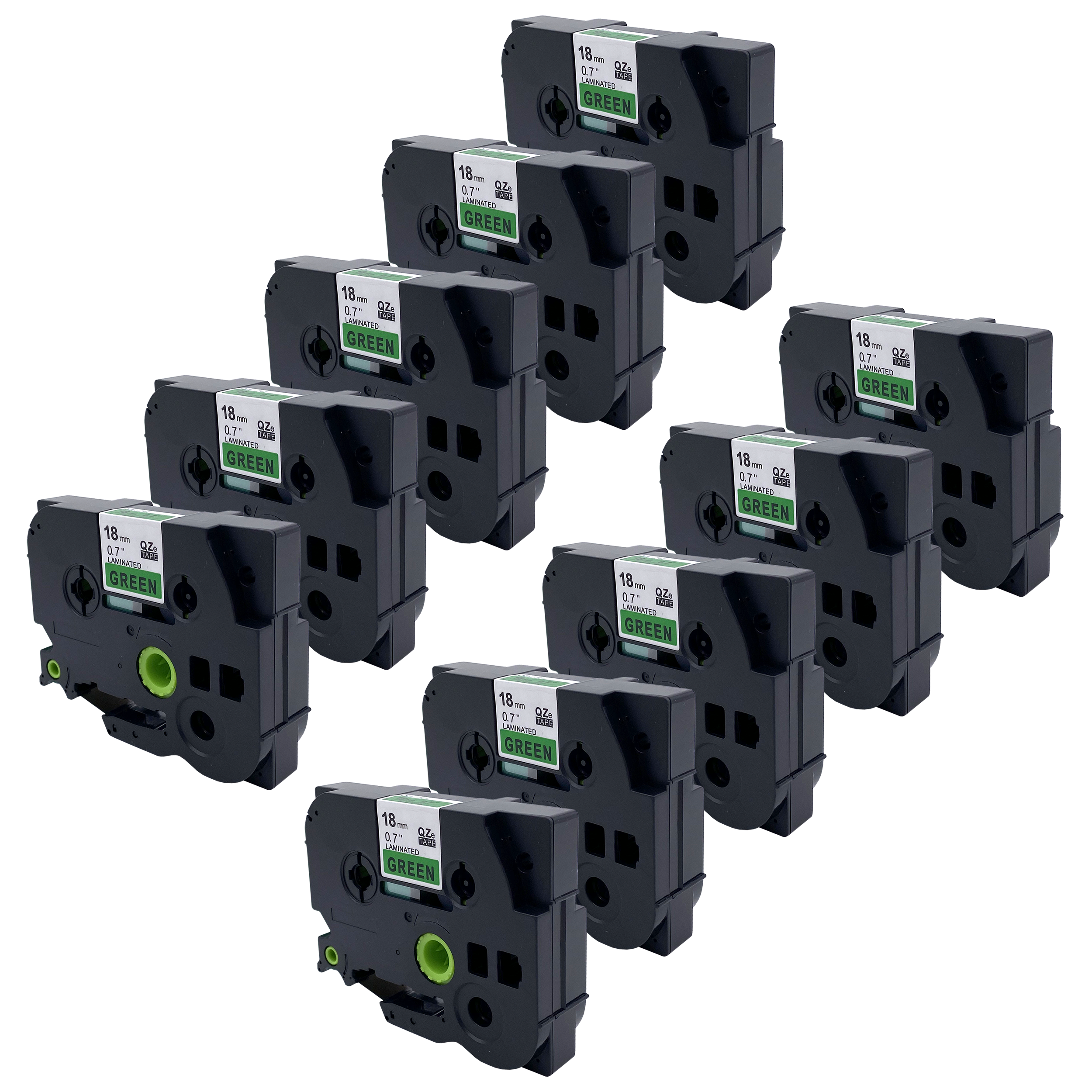 Een dozijn labelmaker tape cartridges. Ze zijn zwart, groen en 18 mm.