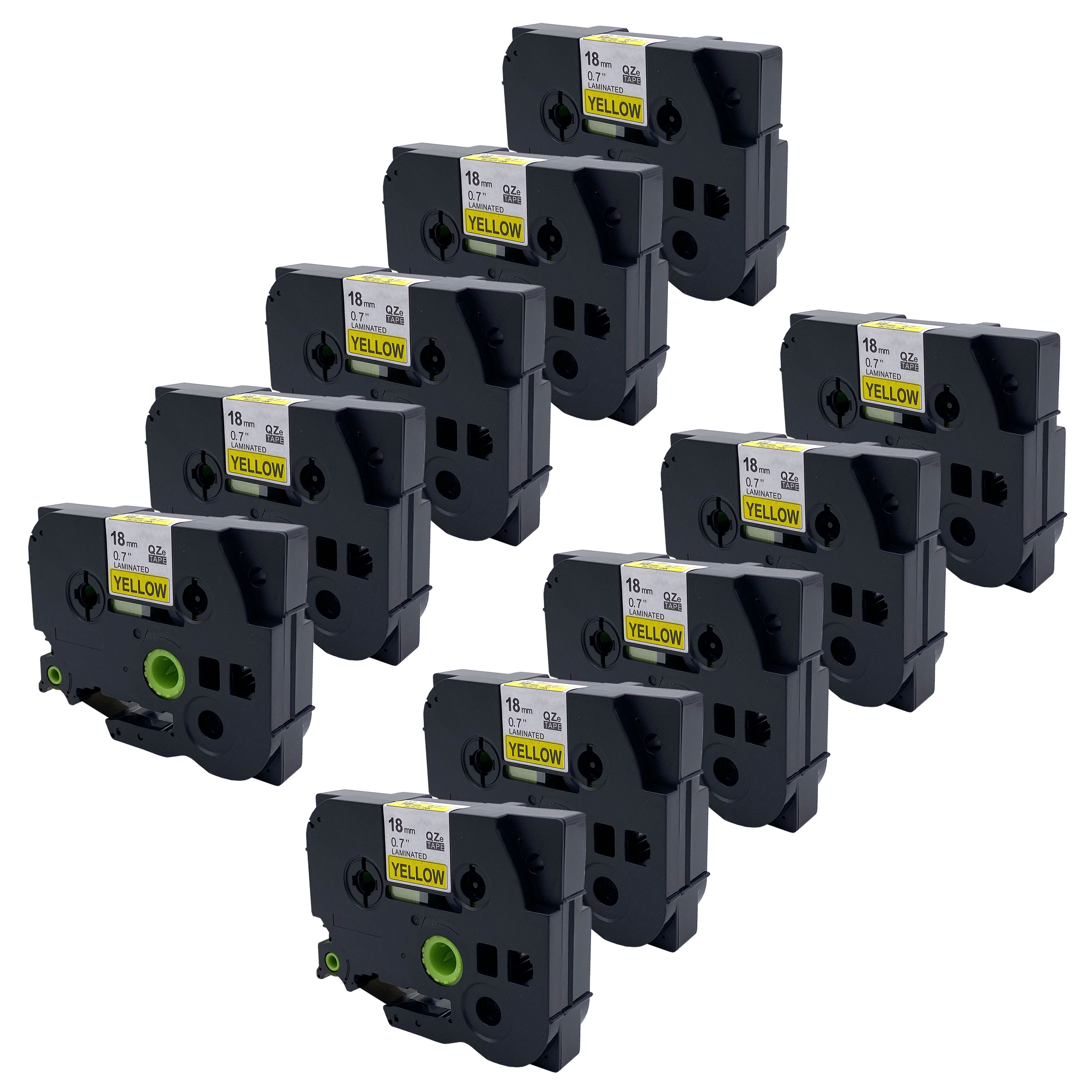 Een dozijn zwarte labelmaker cartridges met gele tekst op de labels.