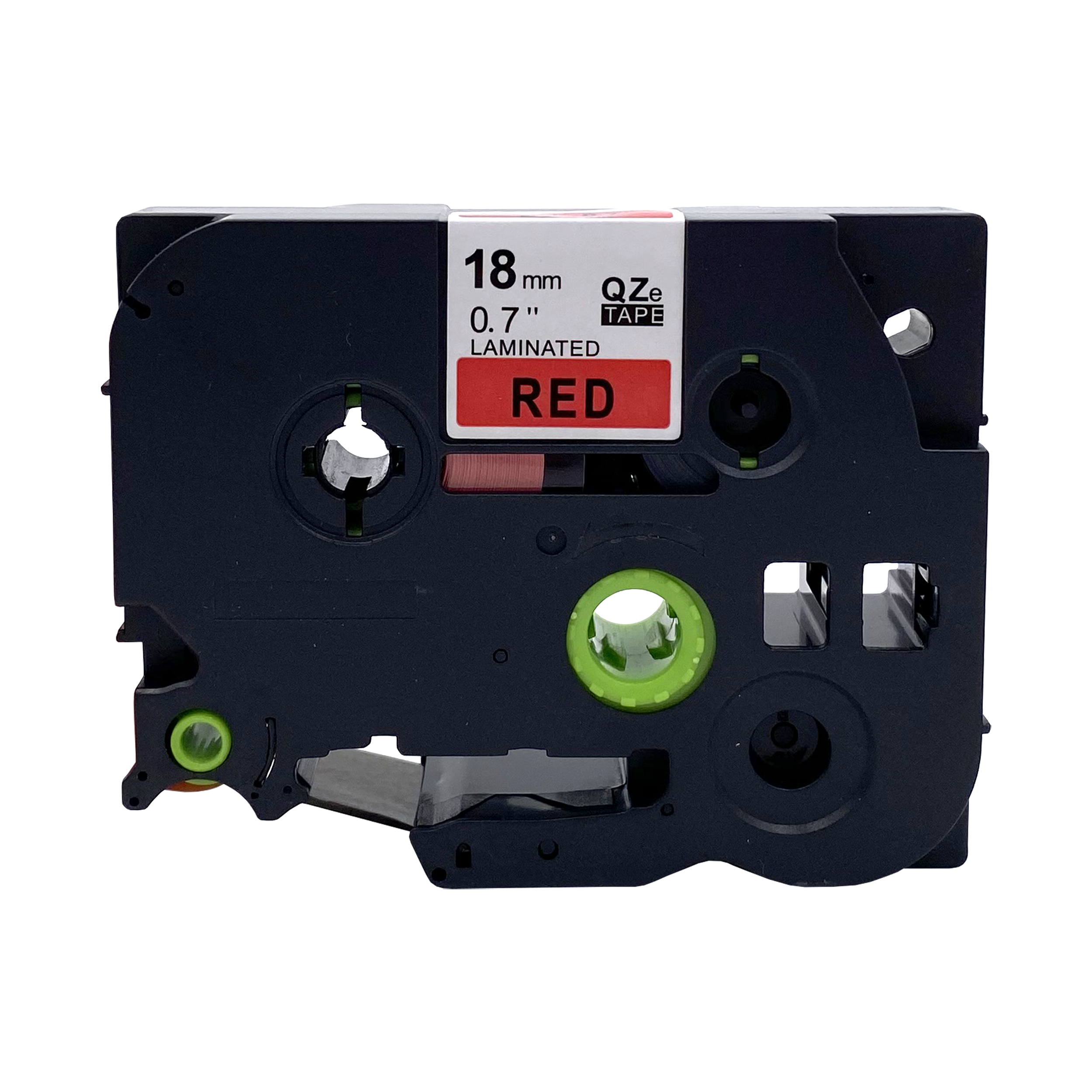 Zwarte labeltape-cartridge met een rood label. Heeft een groene draaiknop.