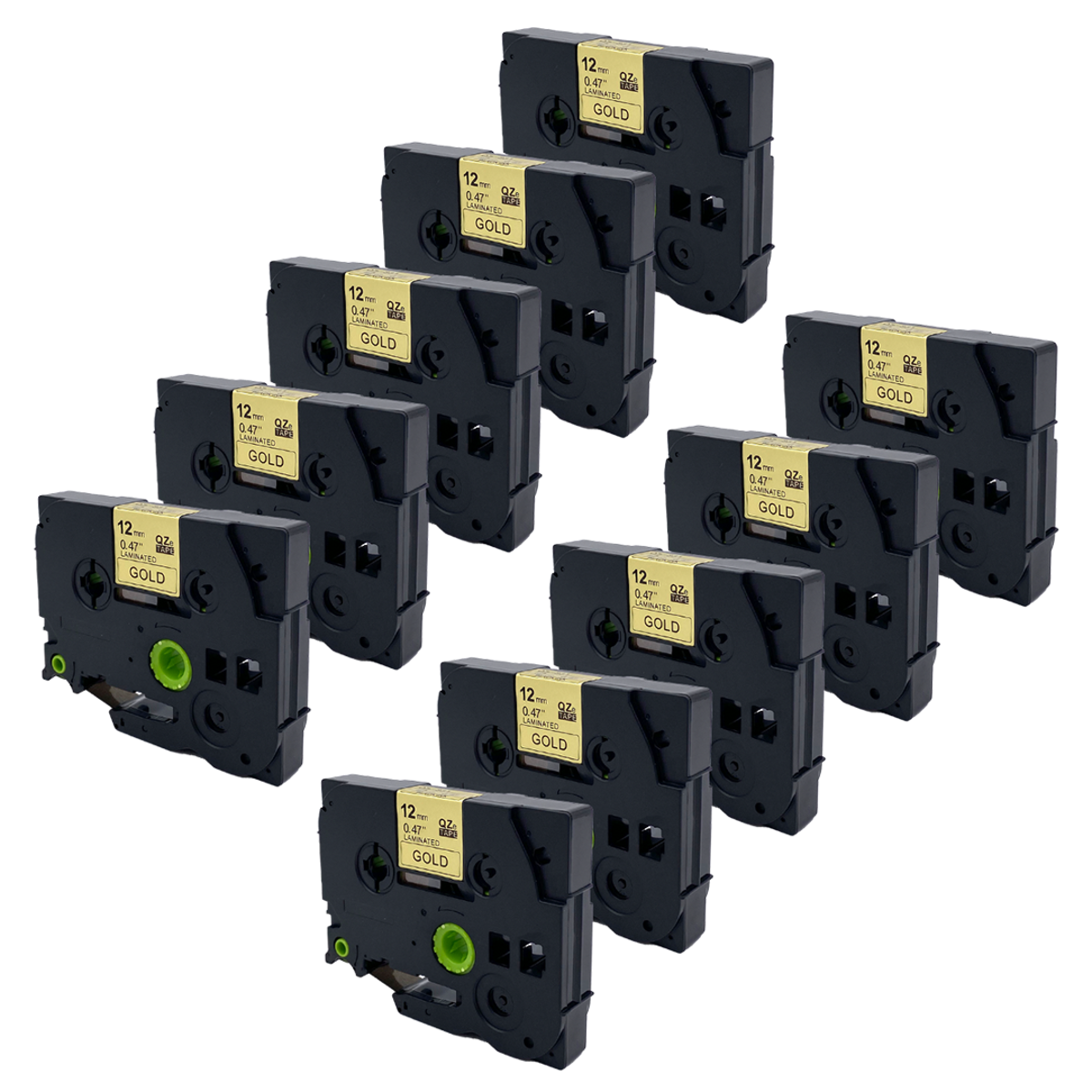 Een dozijn labelmaker tape cartridges. Ze zijn zwart, goud en 12 mm.