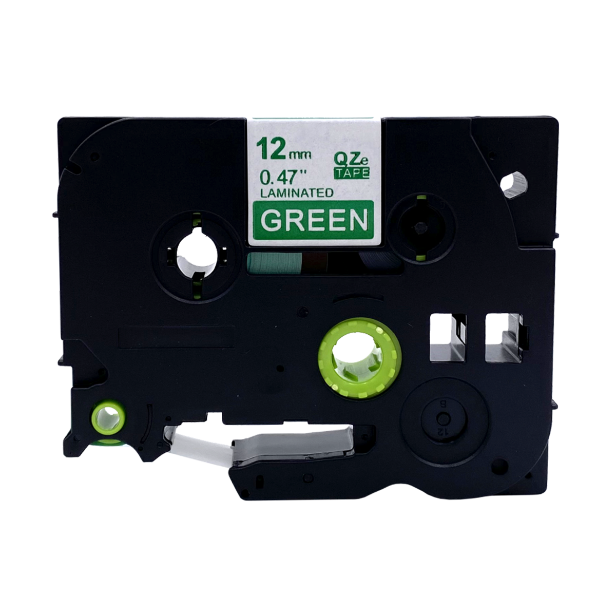Black and green label tape cartridge. Text reads 12mm, 0.47, laminated, green.