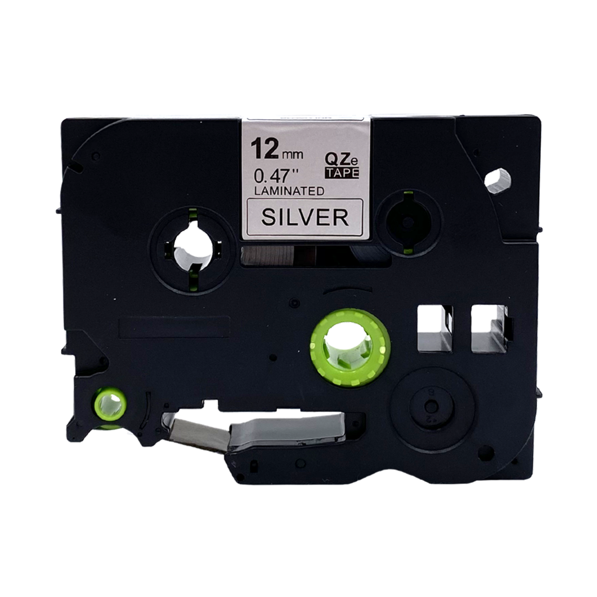 Black label tape, silver text on label, reads 'SILVER'.