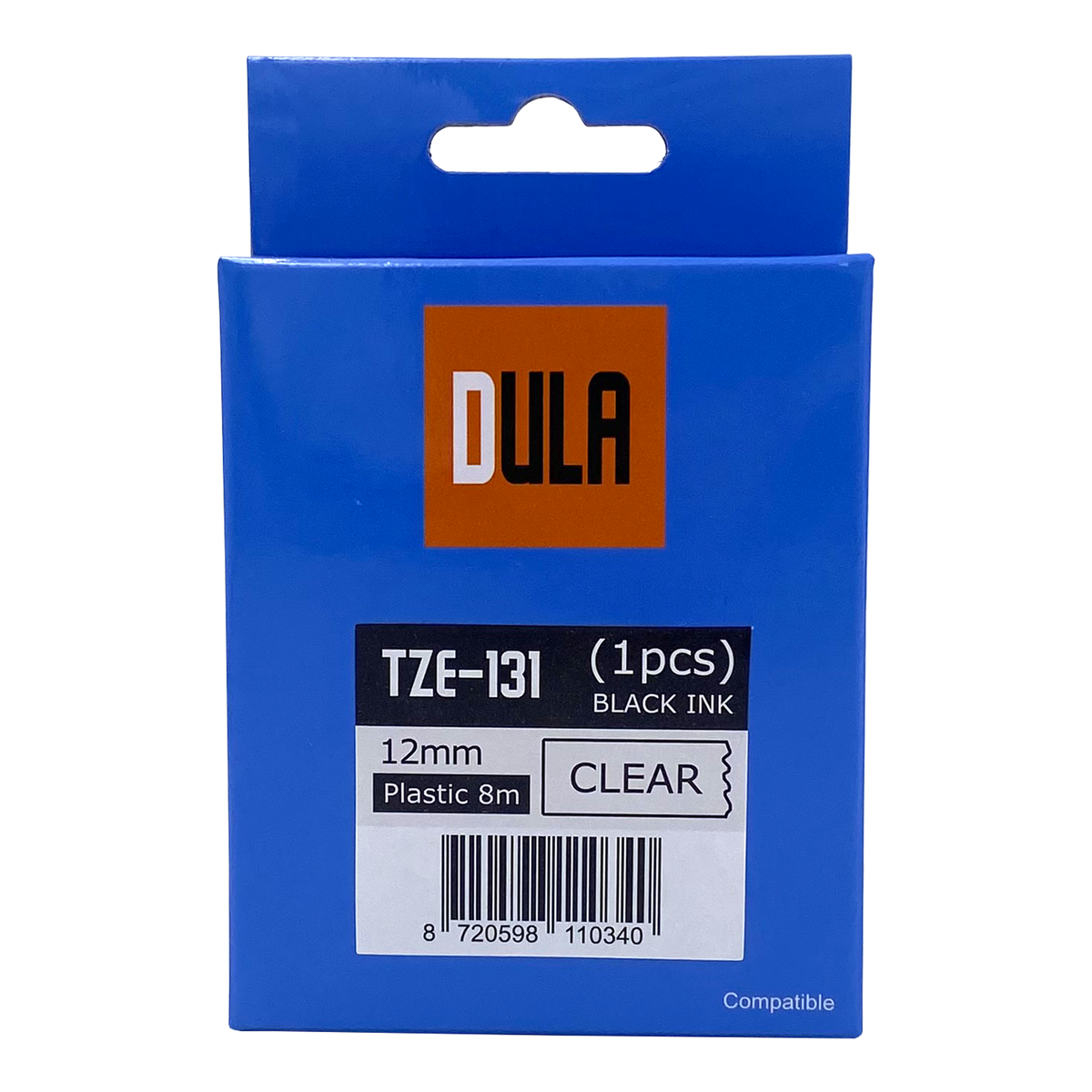 A blue box with a label that reads, TZE-131 (1pcs) BLACK INK, and the DULA logo.