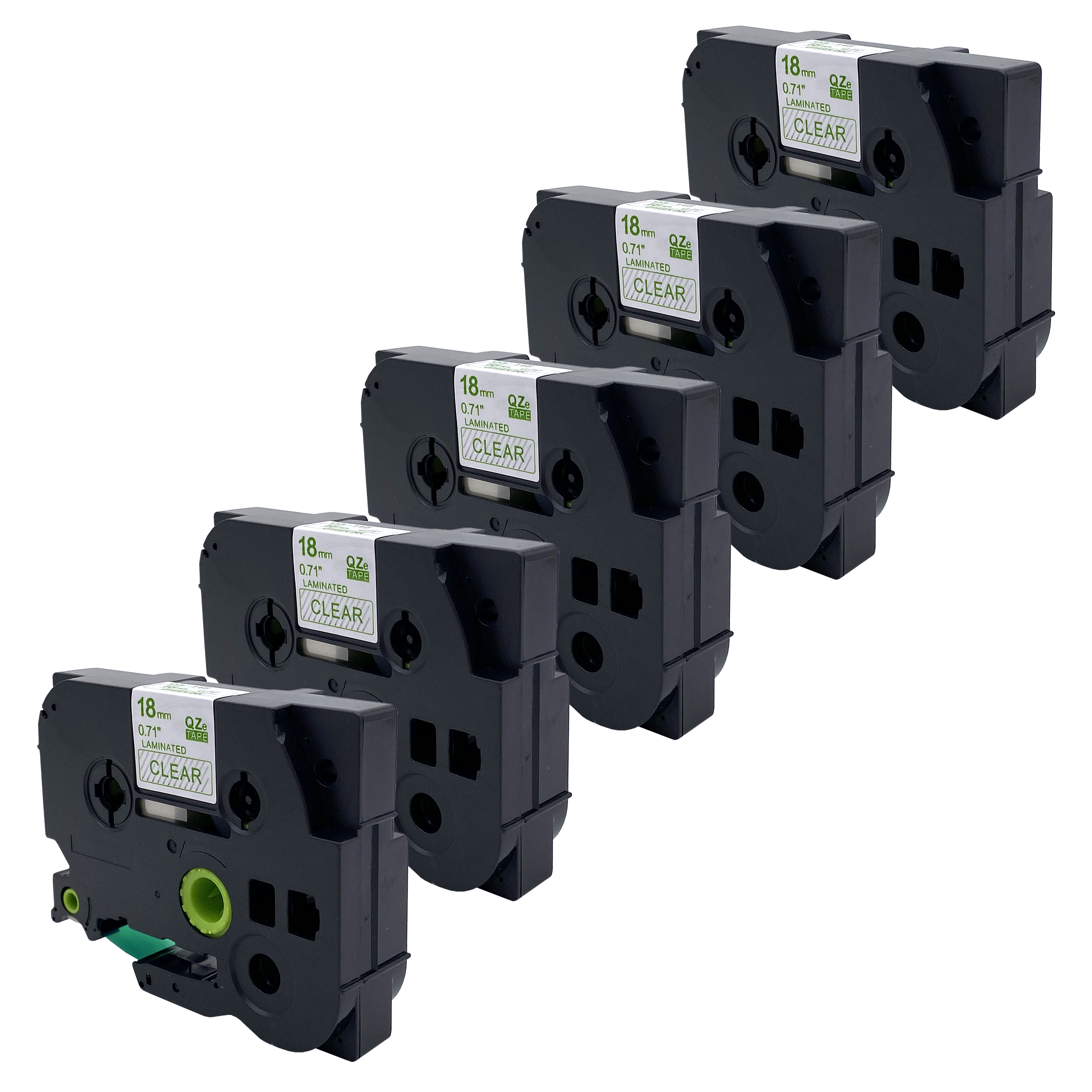 Vijf zwarte labelmakers met transparante labels. De labels zeggen '18 mm 0.71 LAMINATED CLEAR'.