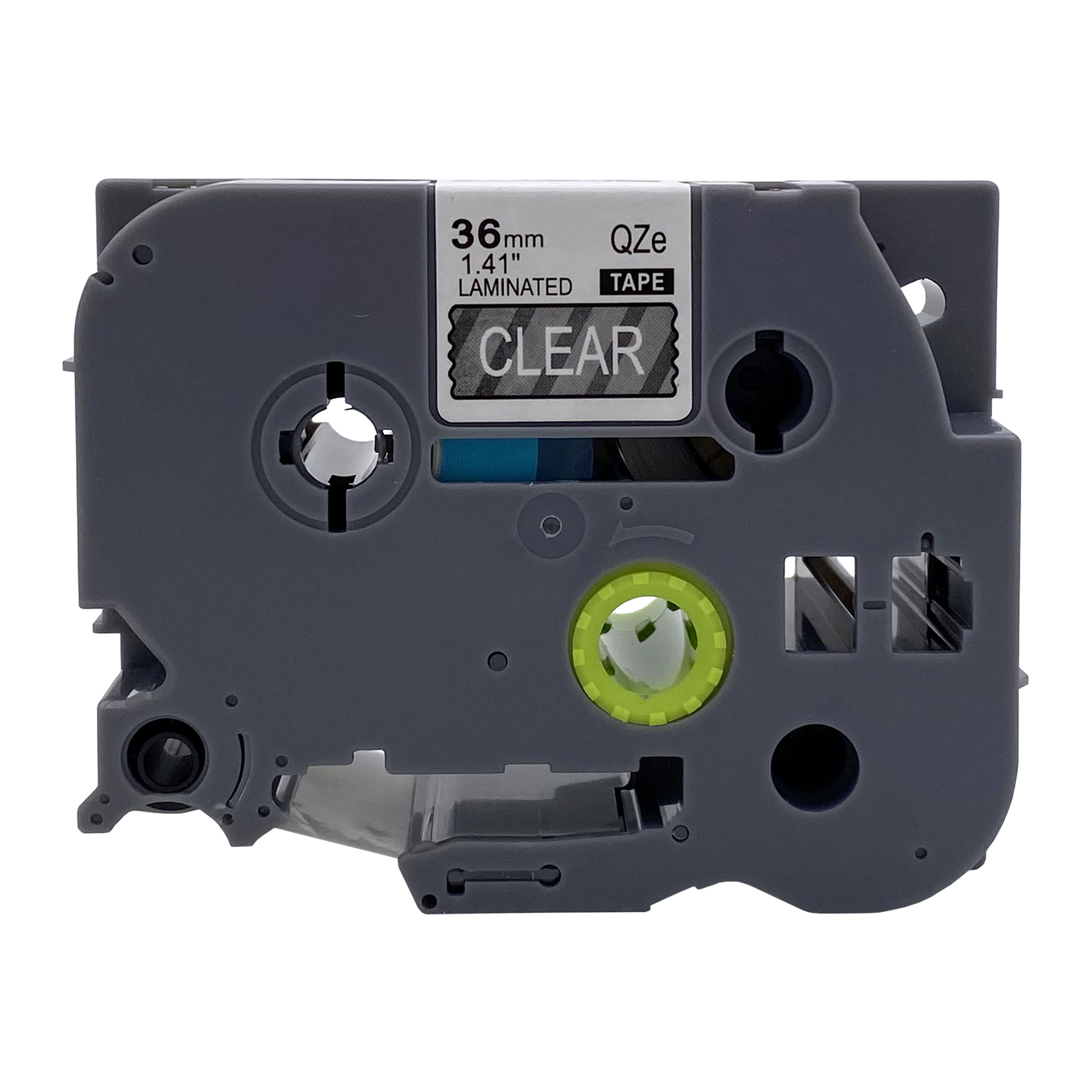 Grijze labelmaker tape cartridge. Er staat CLEAR en 36 mm breed.