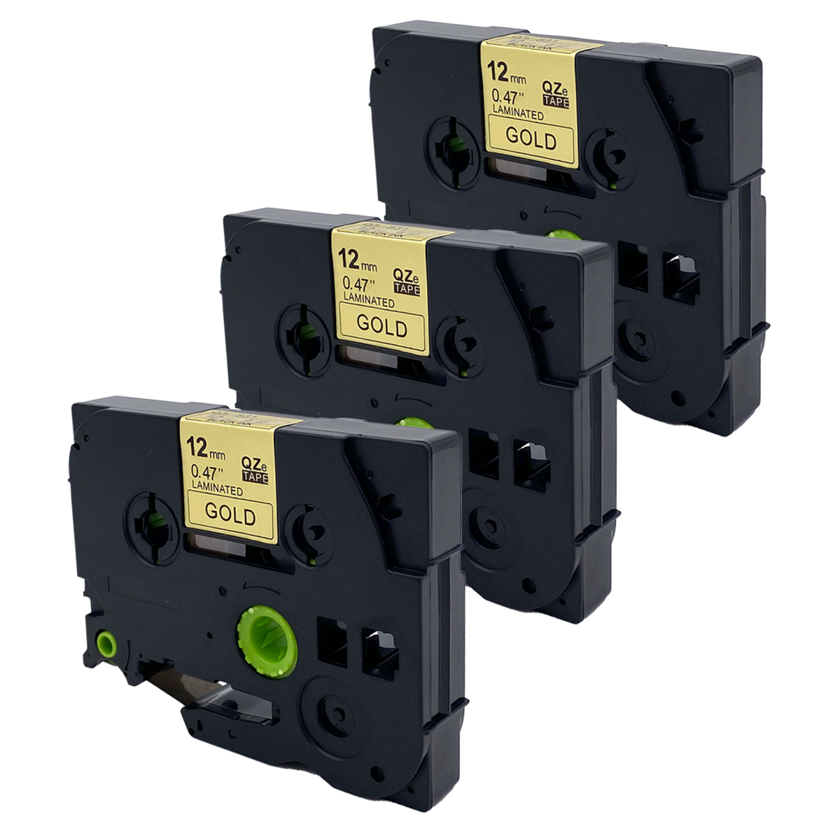 Drie zwarte labelmakerpatronen met gouden labels. Gouden tape komt uit elke cartridge.