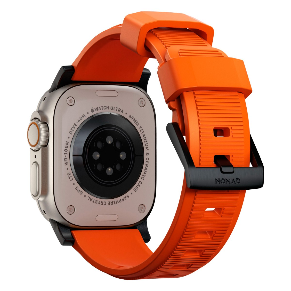 Eine Apple Watch Ultra mit orangefarbenem Armband, Rückseite und Verschluss.