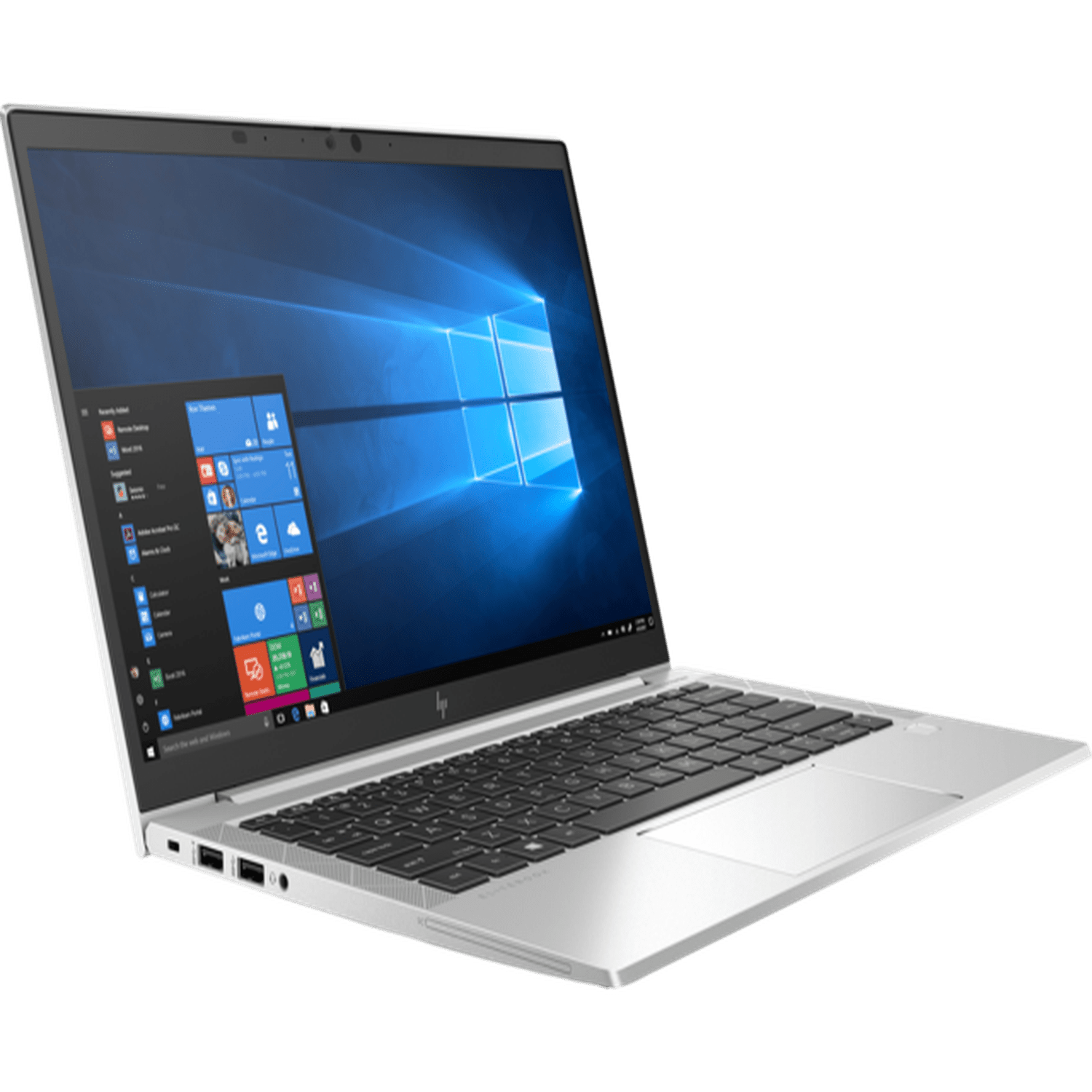 Silberner Laptop auf weißer Oberfläche, geöffnet. Windows-Oberfläche auf dem Bildschirm sichtbar.