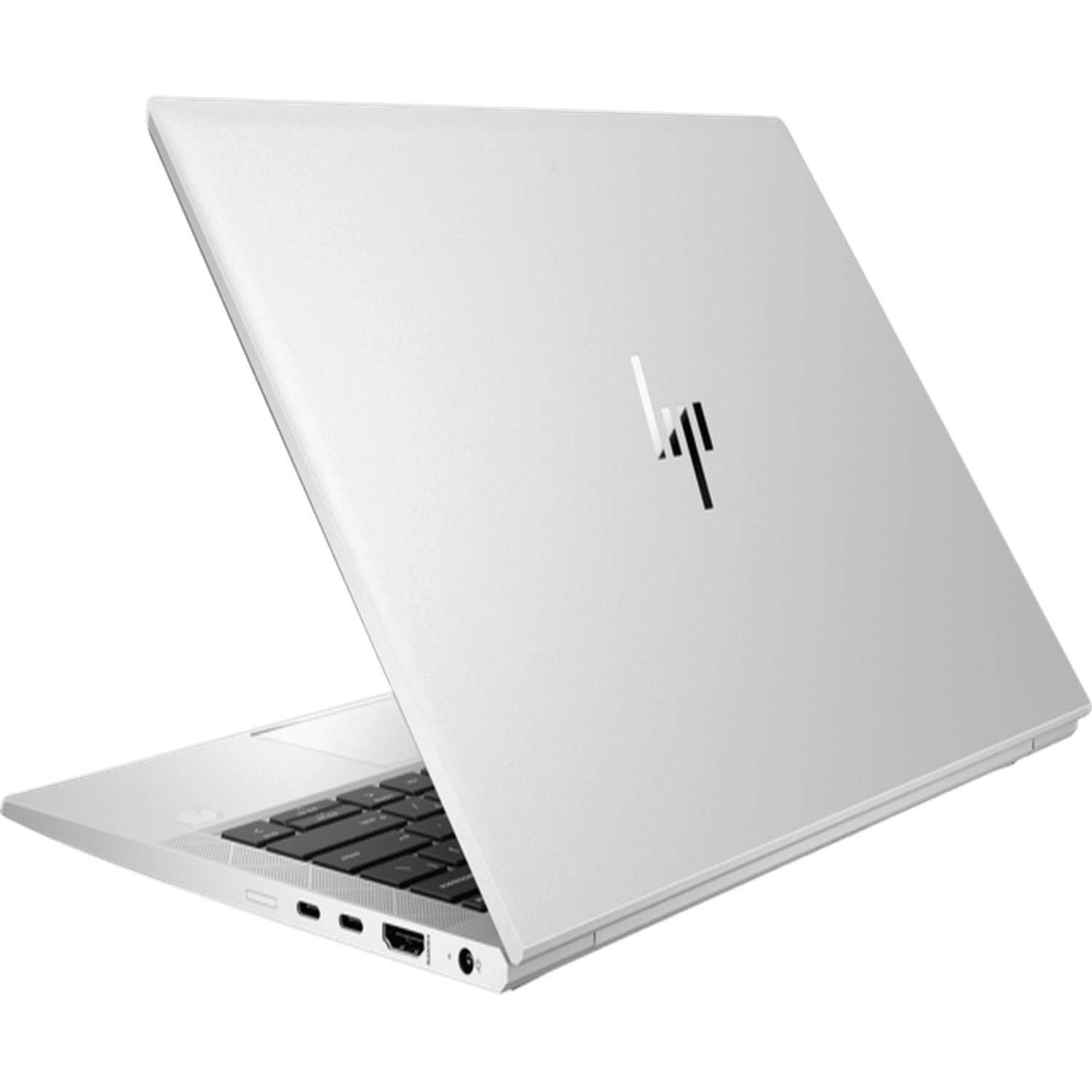 Ein silberner Laptop mit HP-Logo. Der Bildschirm ist geöffnet und zum Betrachter geneigt.