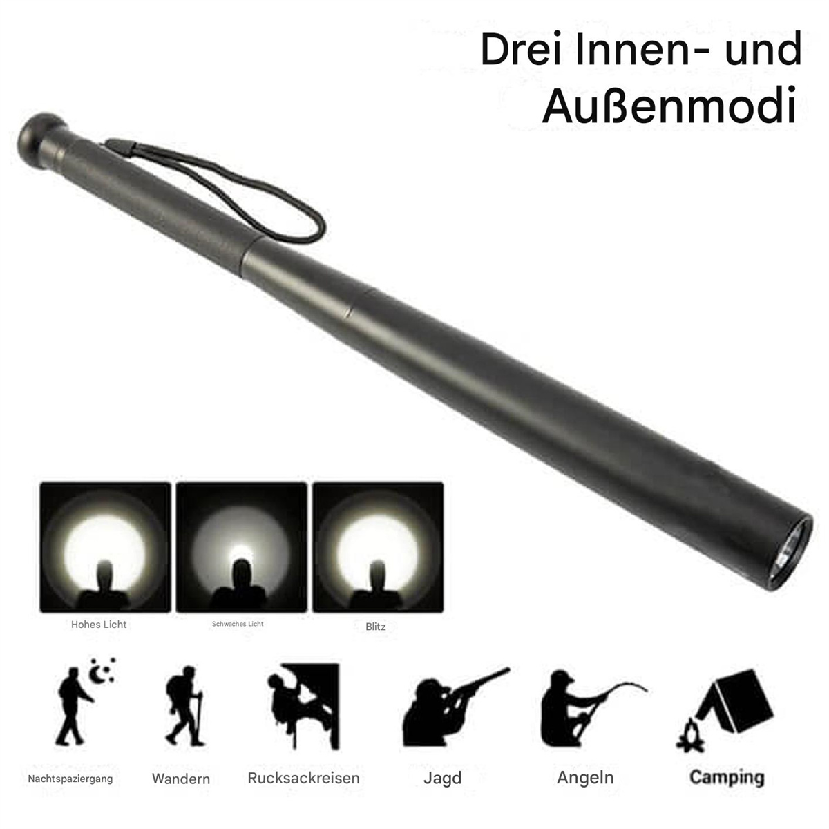 Schwarze Taschenlampe mit verschiedenen Lichtmodi und Aktivitäts-Icons.